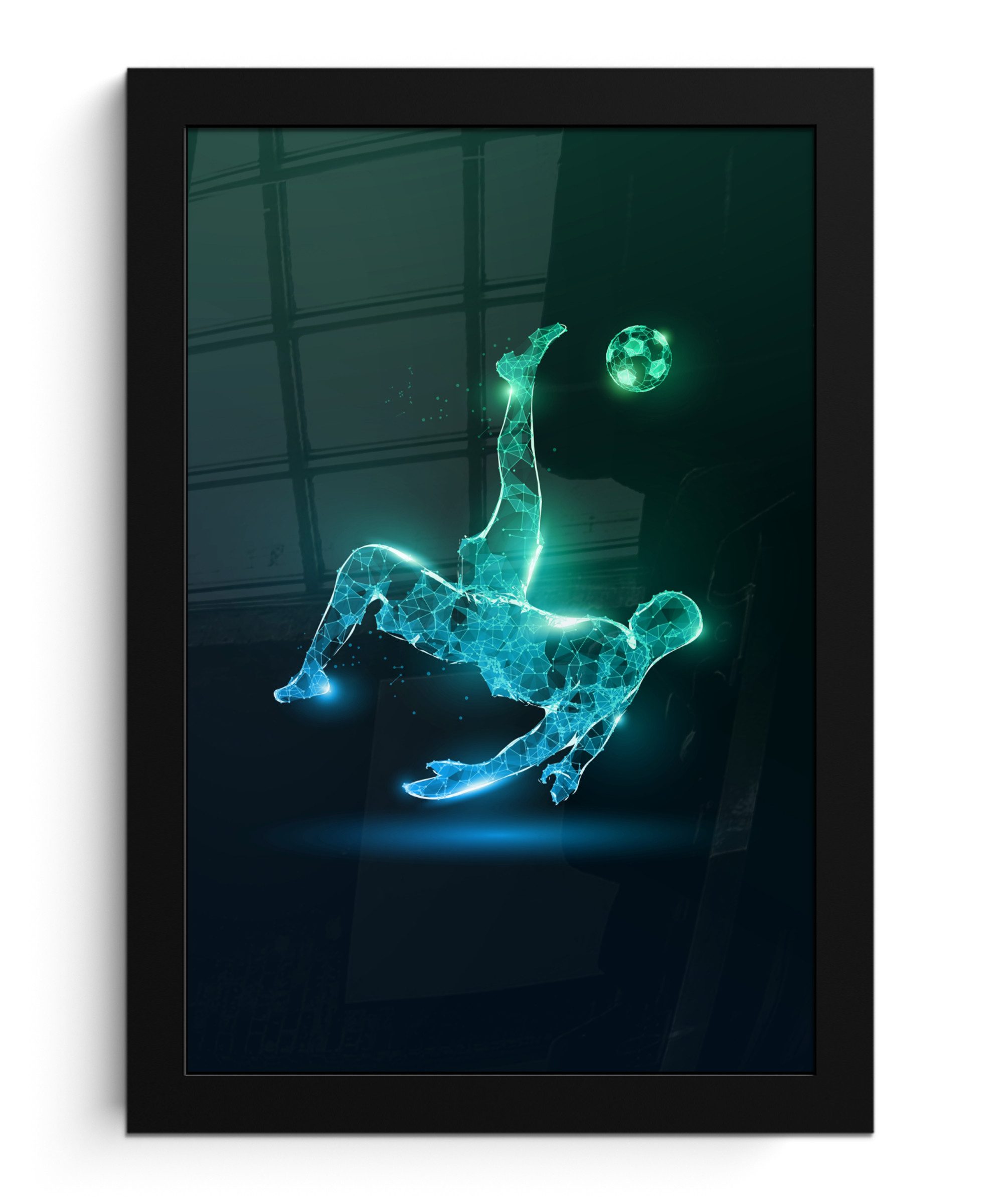 MuchoWow Poster Fußball - Fußballer - Junge - Schwarz, (1 St), Bilderrahmen, Zimmer Deko, Bild für Wohnzimmer, 20x30 cm