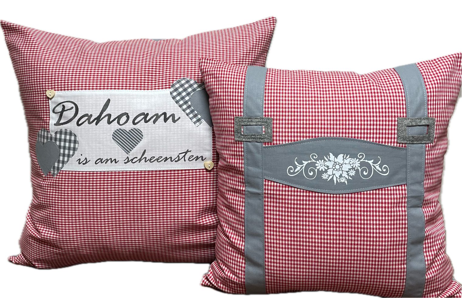 Ammerkind Dekokissen Landhausstil Kissenhülle „Dahoam is am Scheensten" rot/grau kariert, 100% Handarbeit, Kissenhülle ohne Füllung