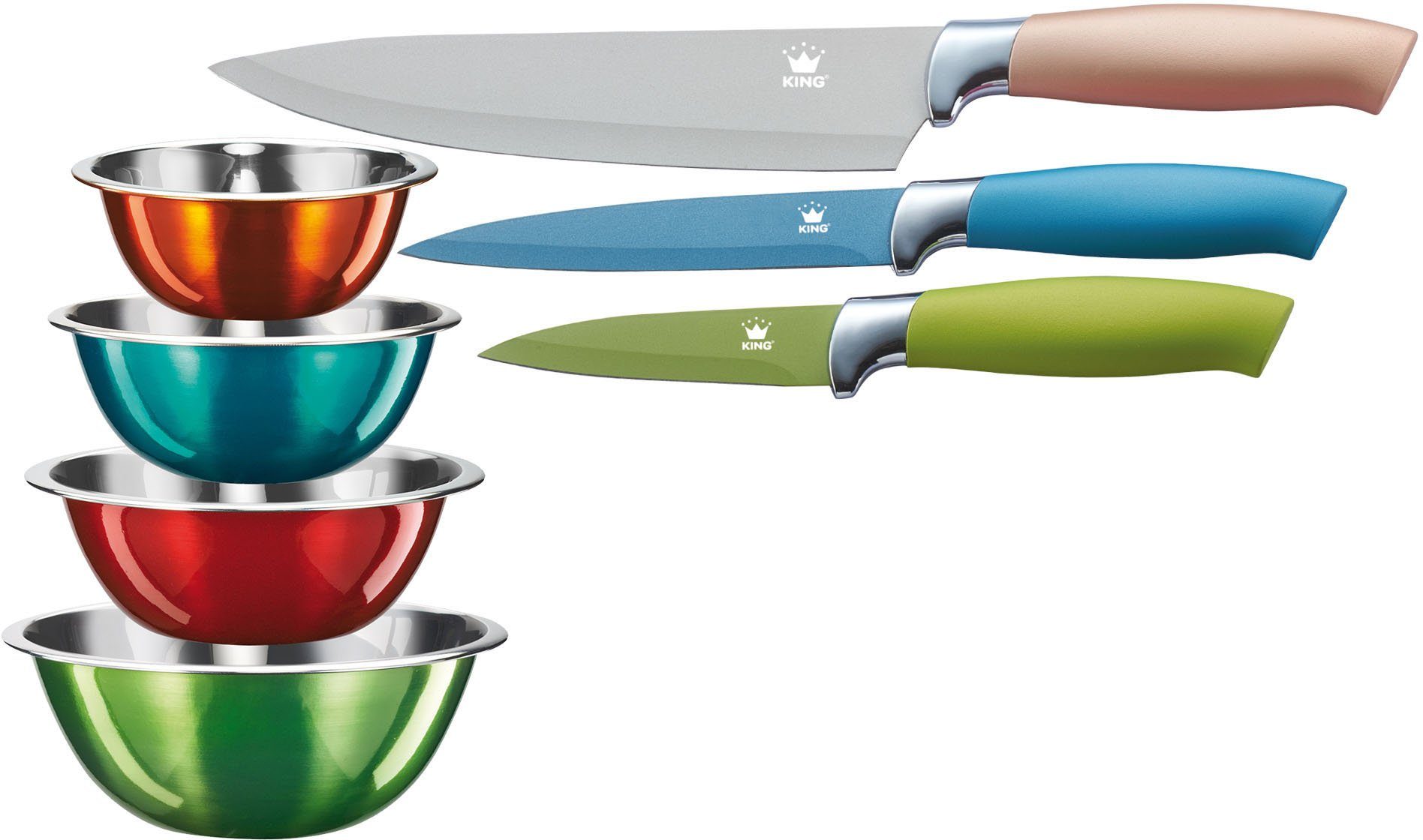 KING Allzweckmesser Metallic, 7tlg., 3 Messer, 4 Schüsseln aus Edelstahl