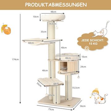 COSTWAY Kratzbaum, 174 cm mehrstöckige Katzenbaum, aus Massivholz
