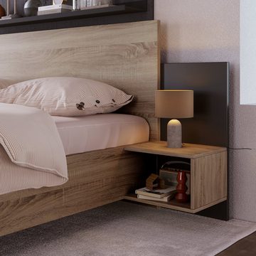 WISHDOR Massivholzbett Natur Bett Solide Bett (mit Lattenrost ohne Matratze, Set in Eiche Sonoma/Dunkelgrau 160 x 200 cm), 2 Nachttischen Schlafzimmer Komplett-205.5x215x76.5 cm(T/B/H)