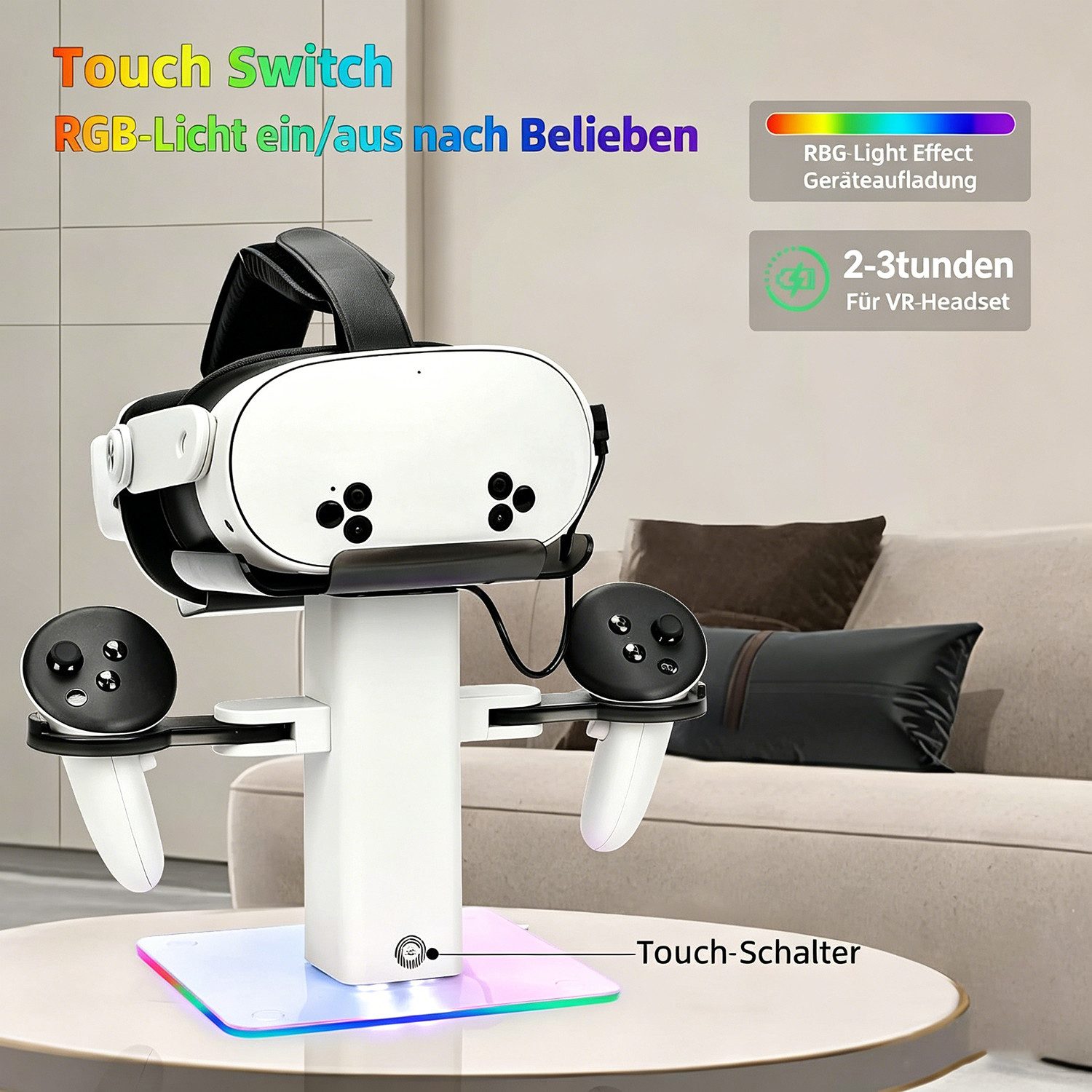 Toomoke Vertikaler RGB-Ladeständer, kompatibel mit Quest 3S/Quest 3 Zubehör Virtual-Reality-Headset (LED-Licht unten und Rutschfester Matte)