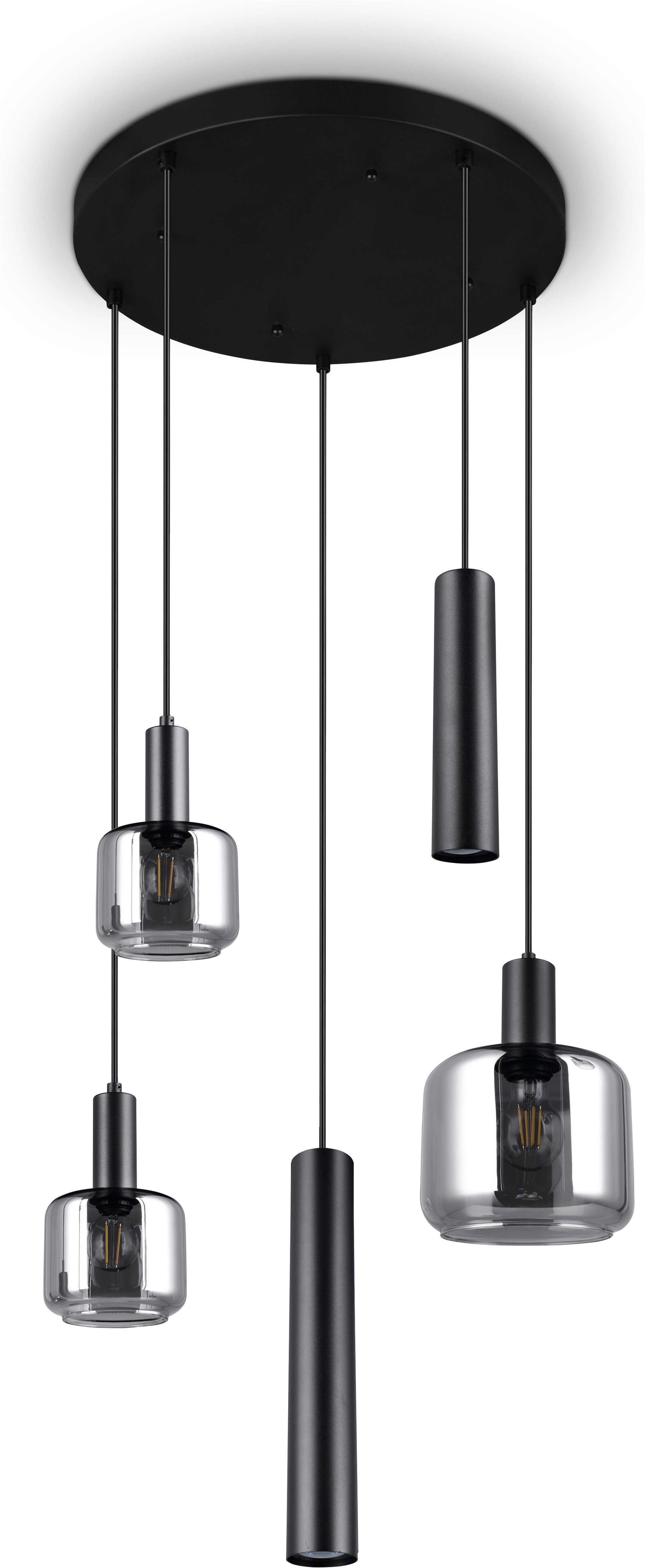TRIO Leuchten Pendelleuchte MATARO, Hängelampe schwarz, Leuchtmittel wechselbar, Leuchtmittel wechselbar, warmweiß - kaltweiß, mit chrombedampften Glas Lampenschirmen smokefarbig