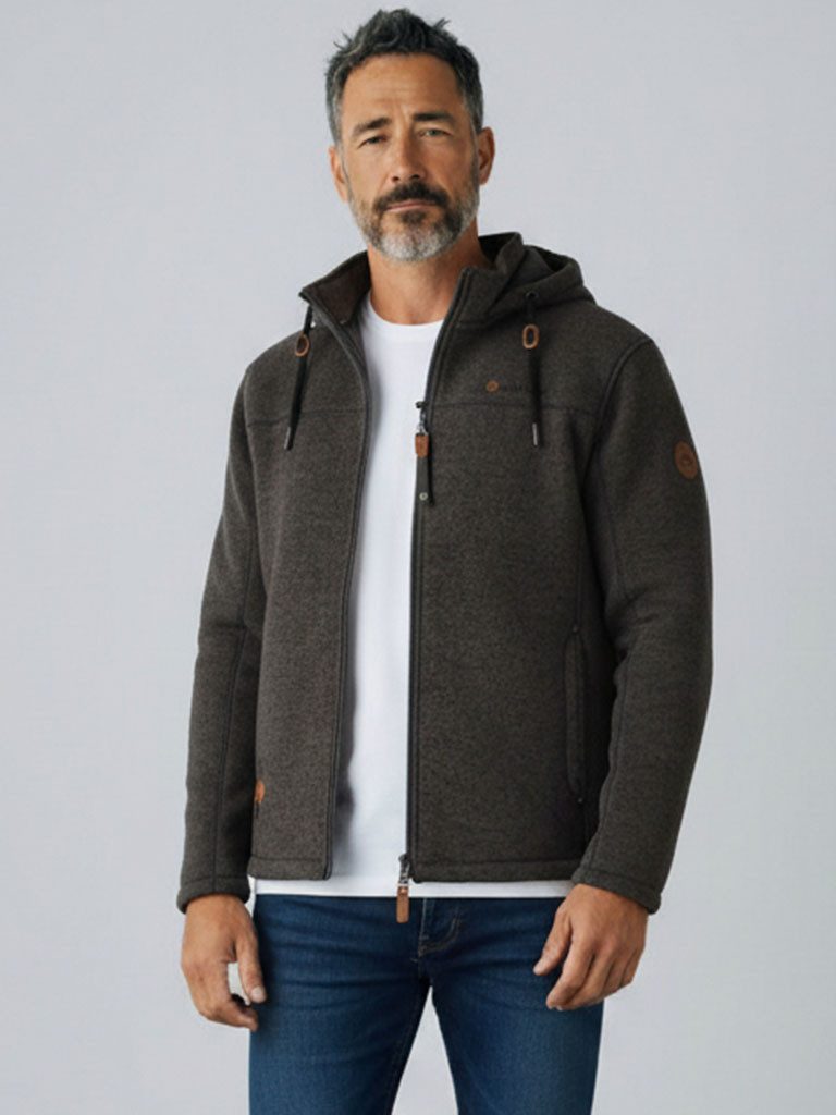Dry Fashion Fleecejacke Helgoland Herren Wollfleece-Jacke Kapuze - Jacke Fleece Übergansjacke Windabweisend, Verstellbare Kapuze, Reißverschlusstaschen, Innentasche