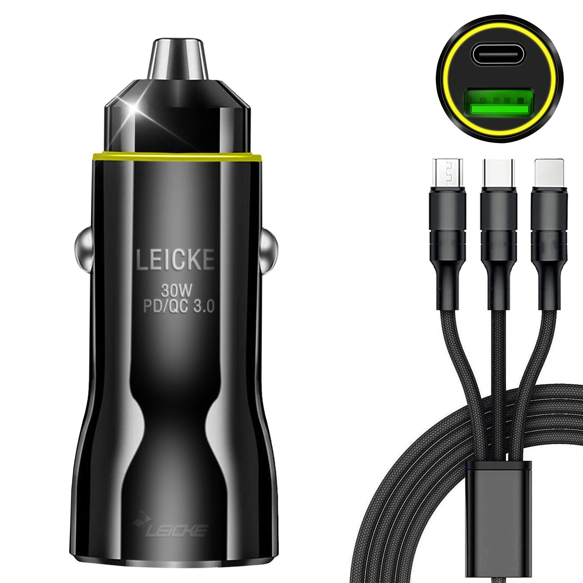 Leicke KFZ USB Schnelladegerät 30W 12V/ 24V Zigarettenanzünder KFZ-Netzteil (USB-A + Typ C (bis zu 30W beim Laden von zwei Geräten)