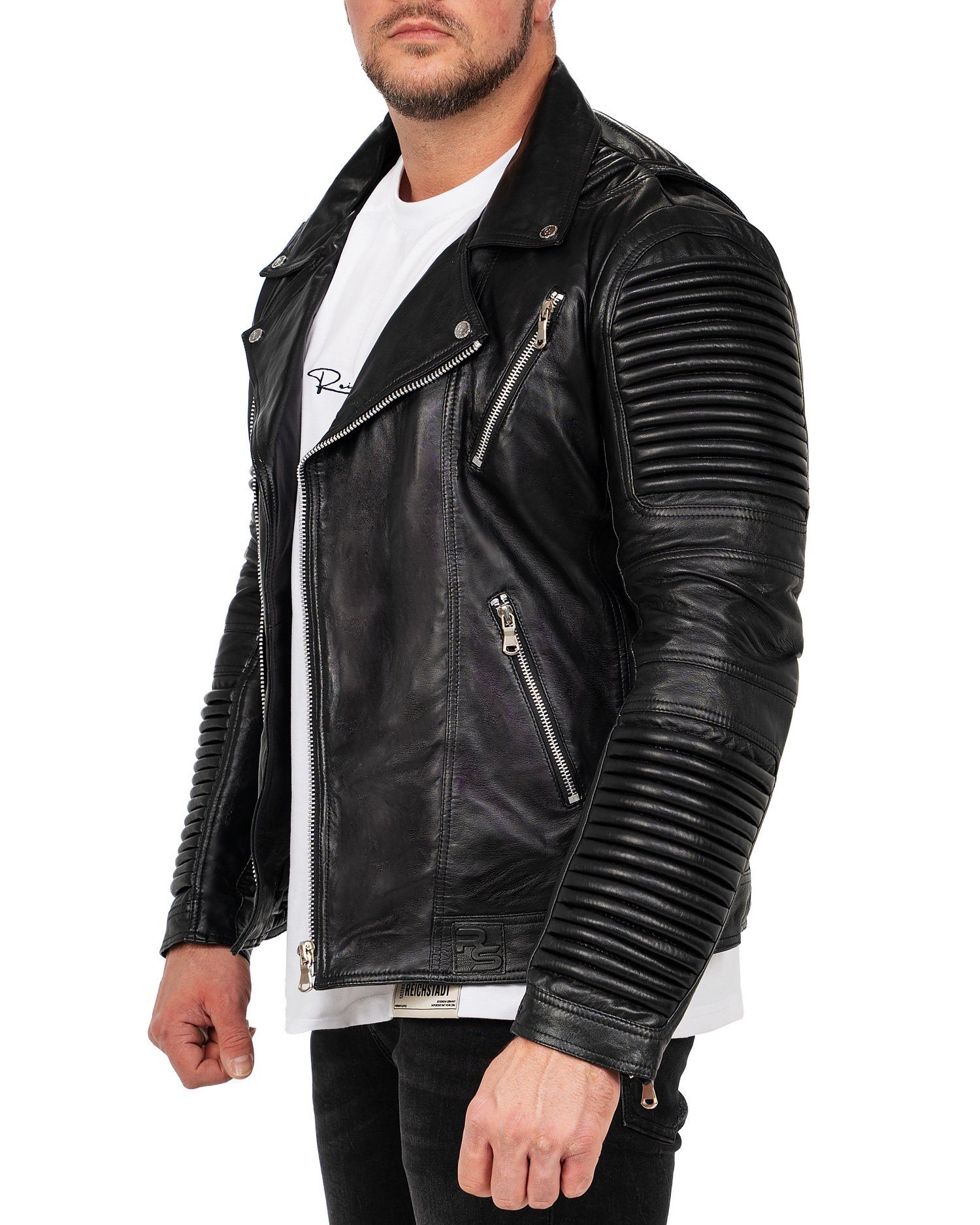 Reichstadt Bikerjacke Herren Slim Fit Lederjacke Silver Zipper RS006LUX mit Rippenmuster und Ziernähten
