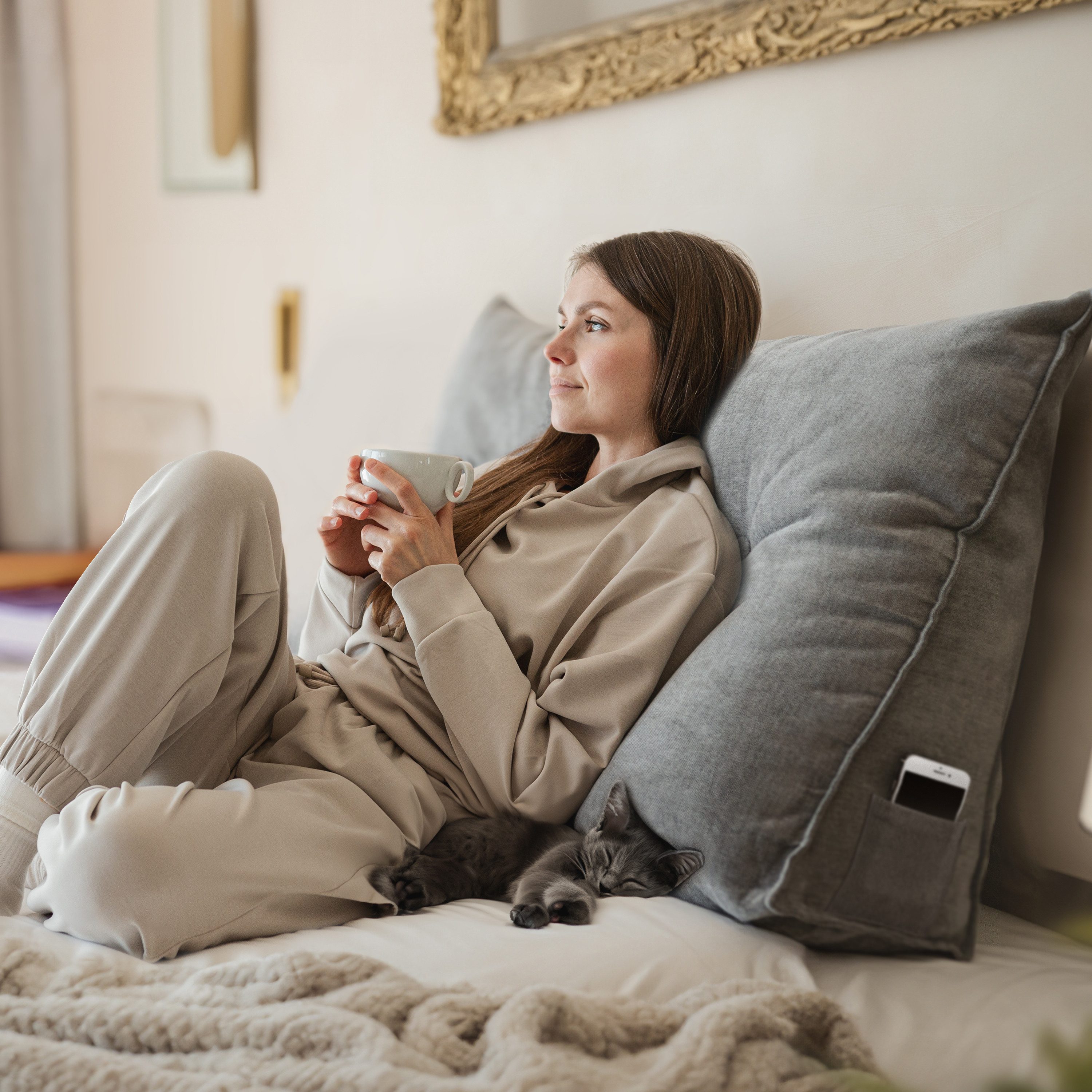 Rückenkissen grau dreieckiges keilförmiges, Lesekissen für Bett und Sofa, groß