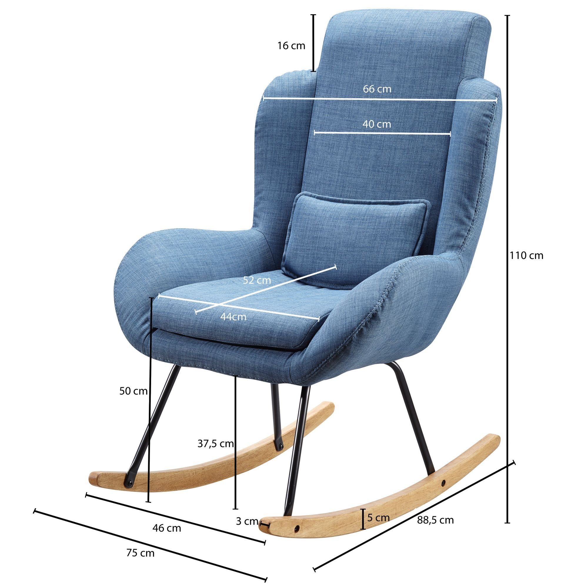 x x 110 88,5 Relaxsessel Schaukelsessel Schwingstuhl Stoff Relaxstuhl, WL5.800 Schwingsessel Moderner Blau, (CAPRI 75 cm), Wohnling