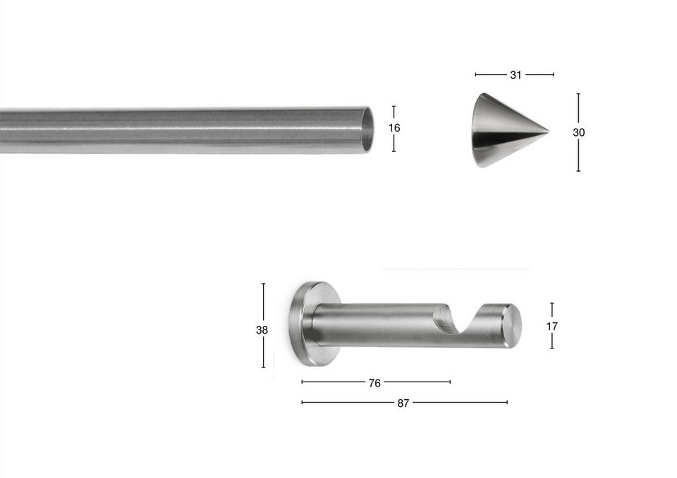 Gardinenstange DIAMANT, GARESA, Ø 16 mm, 1-läufig, Wunschmaßlänge,  verschraubt, Aluminium, Metall, Vorhanggarnitur, verlängerbar, Kegel,  edelstahl optik, ohne Ringe