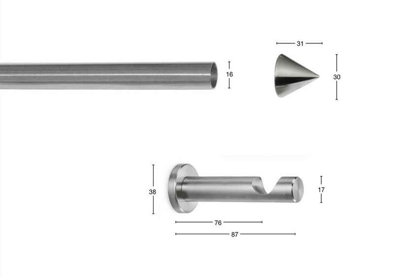 Gardinenstange DIAMANT, GARESA, Ø 16 mm, 1-läufig, Wunschmaßlänge, verschraubt, Aluminium, Metall, Vorhanggarnitur, verlängerbar, Kegel, edelstahl optik, ohne Ringe