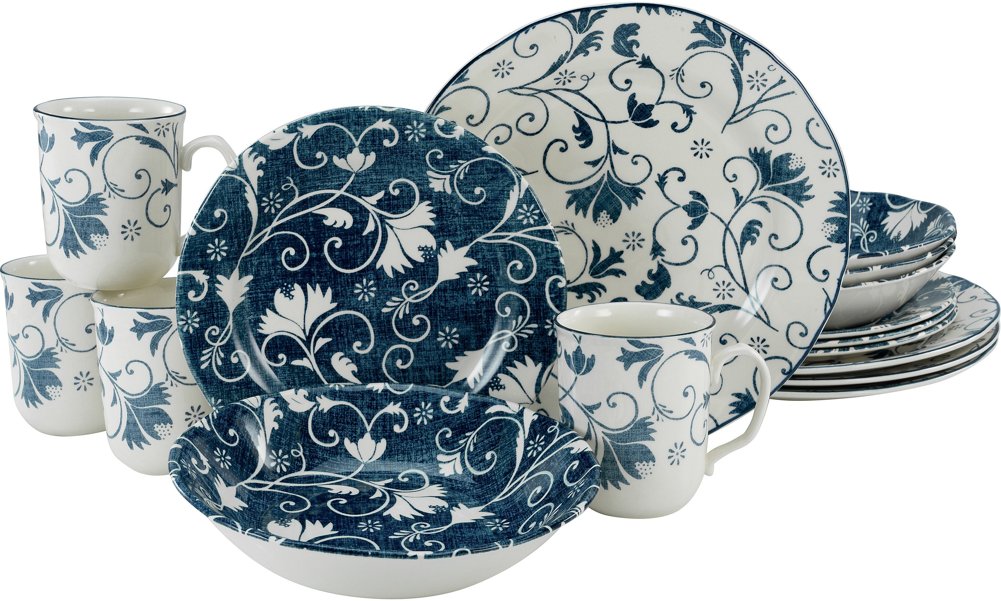 Garantie CreaTable Kombiservice Geschirr-Set Personen, Steingut, Teile, Personen blau/weiß 16 Damask oppulentes Service, für Rankenornament, 4 (16-tlg), 4