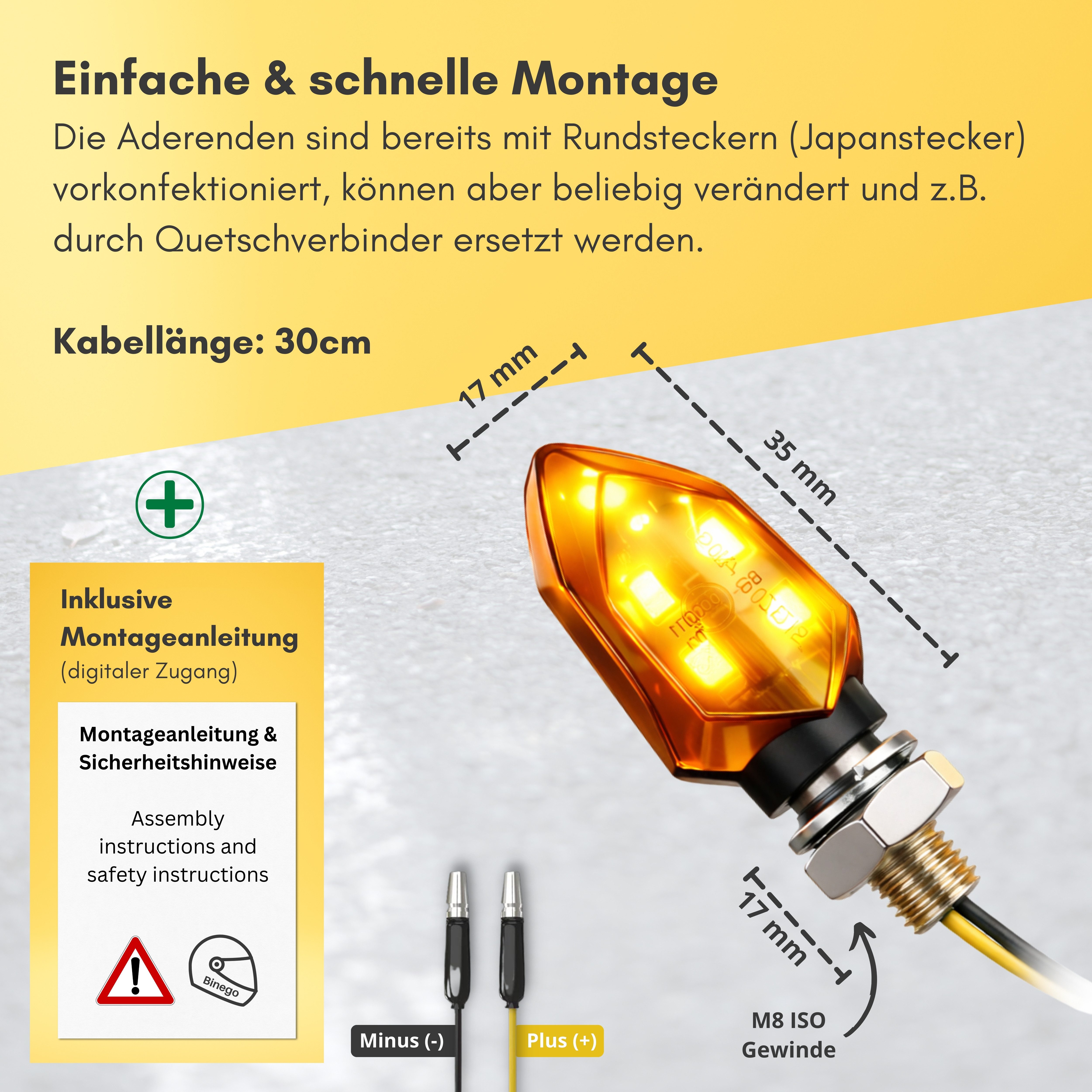 Binego Blinker 4x Motorrad LED Mini Blinker ECE E24 getönt, LED fest integriert, Gelb