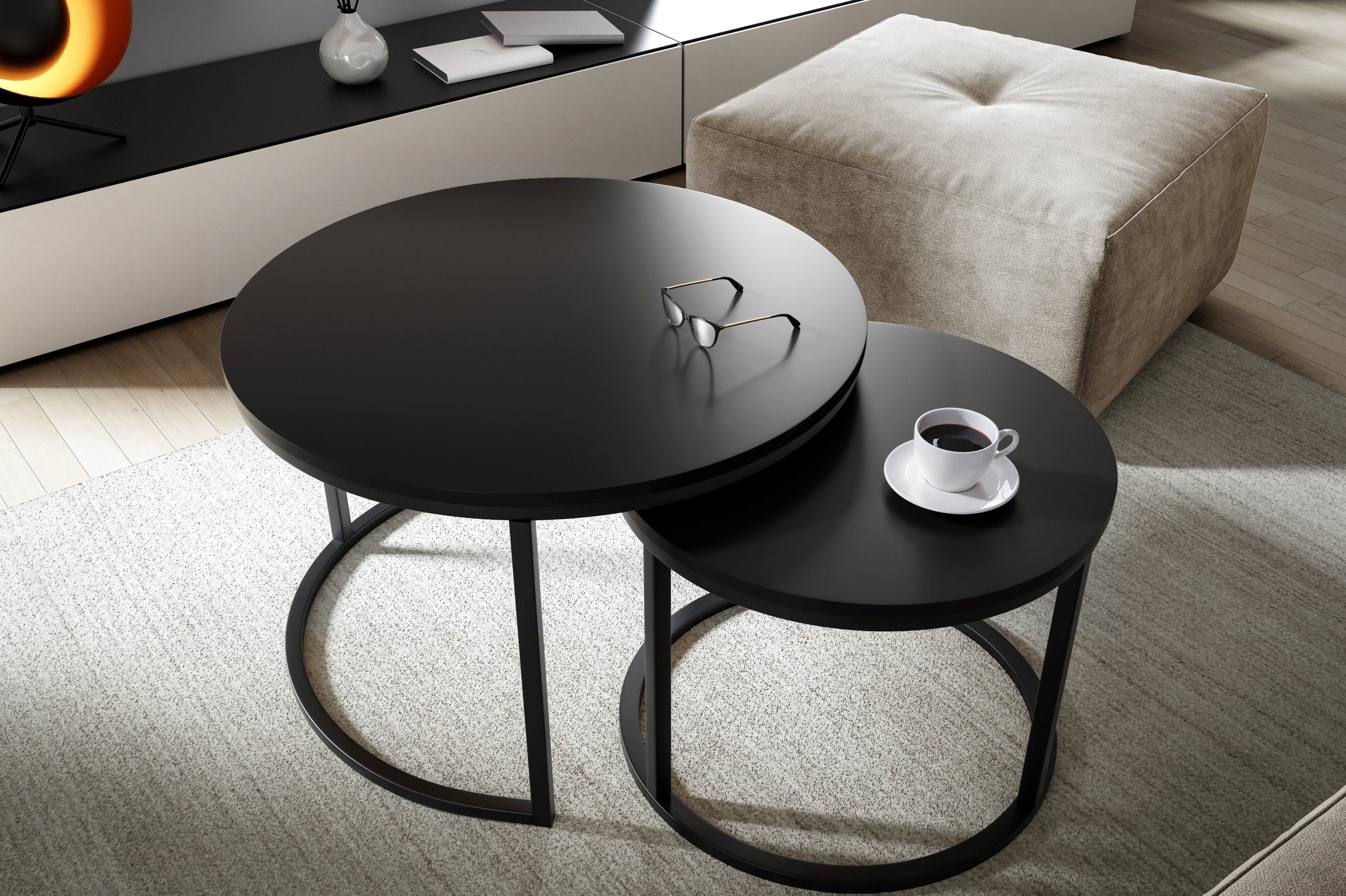 Polini Home Couchtisch Couchtisch-Set Rund 2-teilig 75cm und 58cm DOKKUM, Laminierte Tischplatte, hitzebeständige, stoß- und kratzfeste Tisch schwarz/schwarz | Couchtische