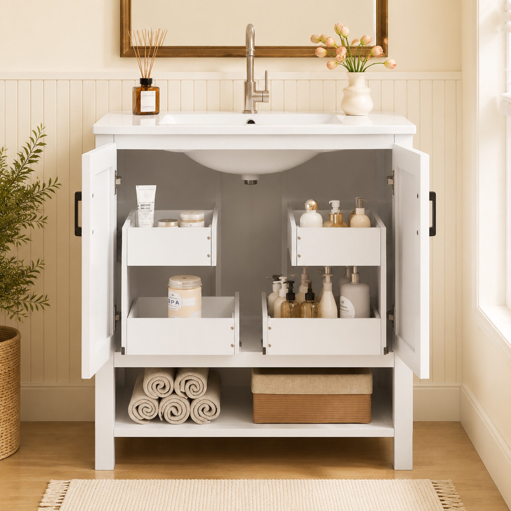 Flieks Waschtisch mit beweglicher Türregalen, Waschbeckenunterschrank mit Waschbecken (B76,5/T47/H83 cm, 1-St., bodenstehender, Regale mit Gleitschienen), Badez – Bild 2 von 5