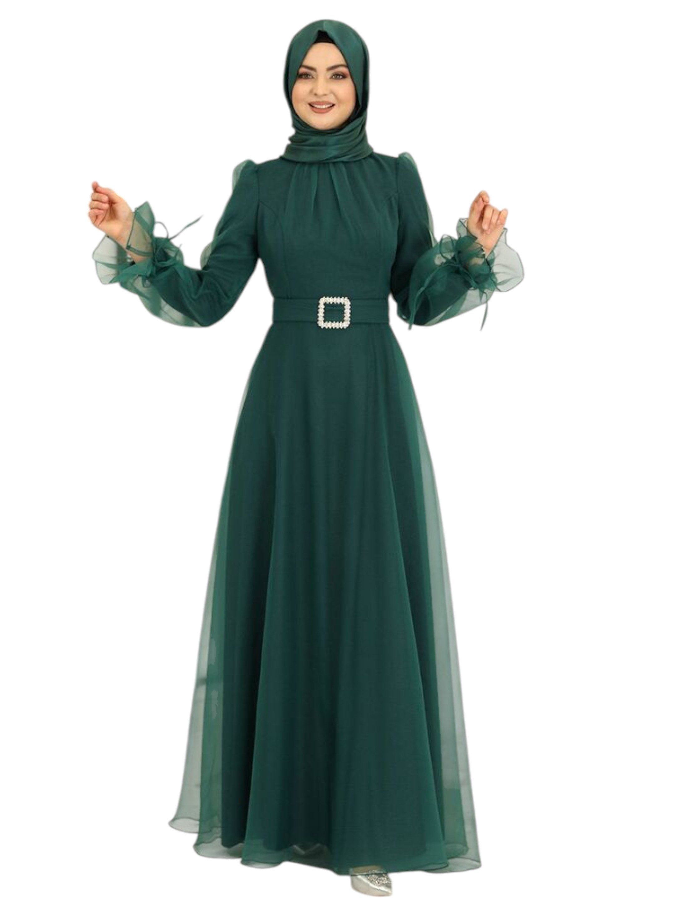 Modavitrini Abendkleid Damen Tüll Maxikleid Langarm – Festkleid mit Gürtel Modest Fashion Gürtel mit Schmucksteinen