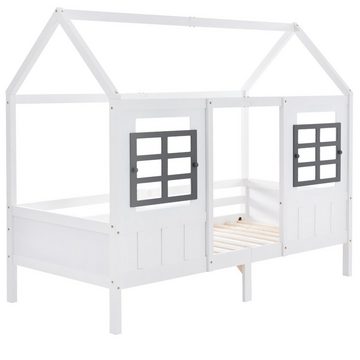 Celya Kinderbett 200x90cm, Kinderbett mit Fenster, Einzelbett, Kiefernrahmen, weiß, Beinhöhe 20cm, weiß, Dach