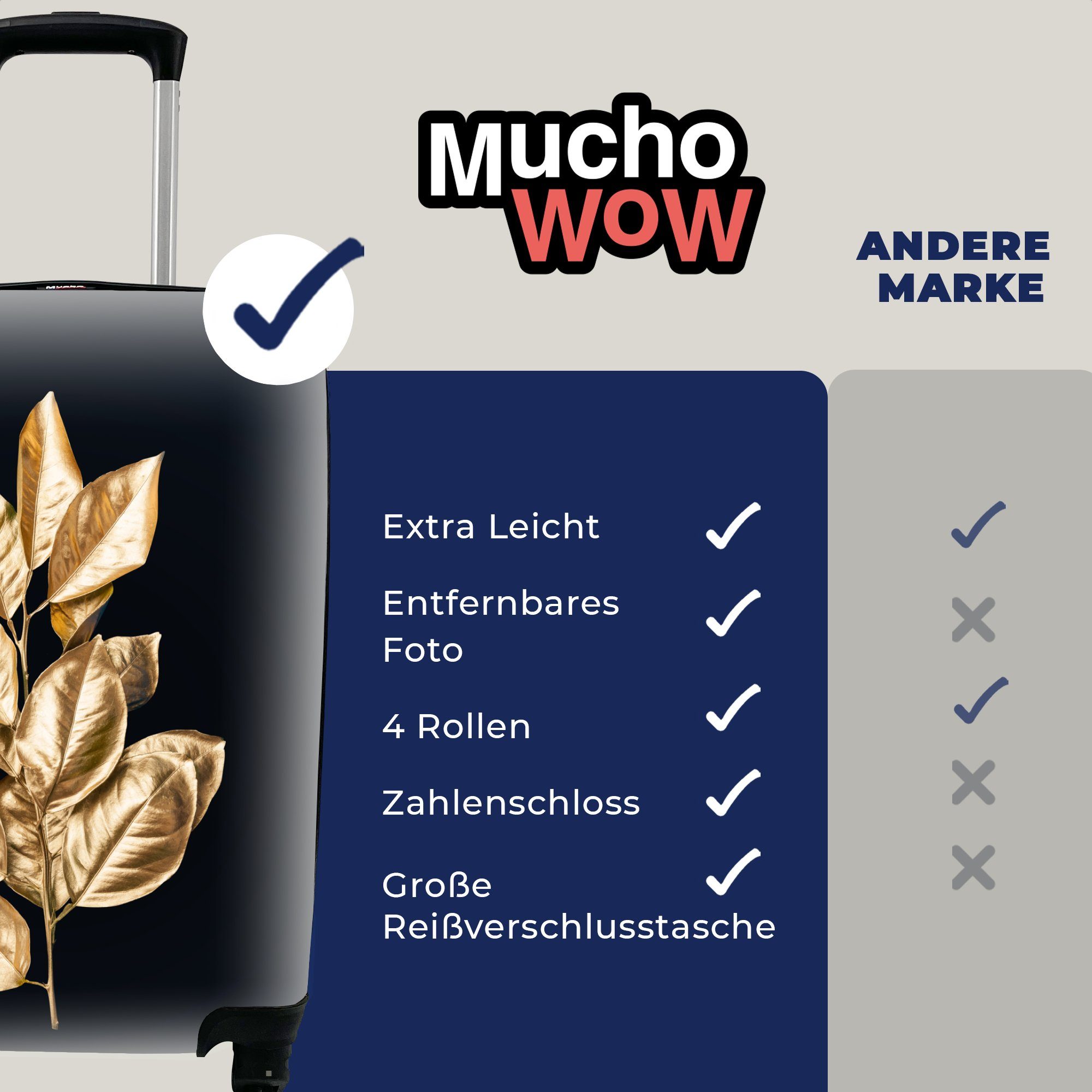 - Handgepäckkoffer rollen, Reisekoffer MuchoWow Blätter 4 Luxus, - Trolley, Schwarz Rollen, mit - - Pflanze Reisetasche Gold für Ferien, Handgepäck