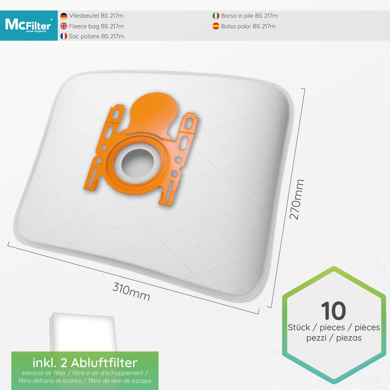 McFilter Staubsaugerbeutel + Hepa-Filter SPARSET, passend für Siemens VSQ5X1230 Q5.0 Extreme Silence Power Staubsauger, 11 St., 5-lagiger Beutel mit Hygieneverschluss + Hepafilter