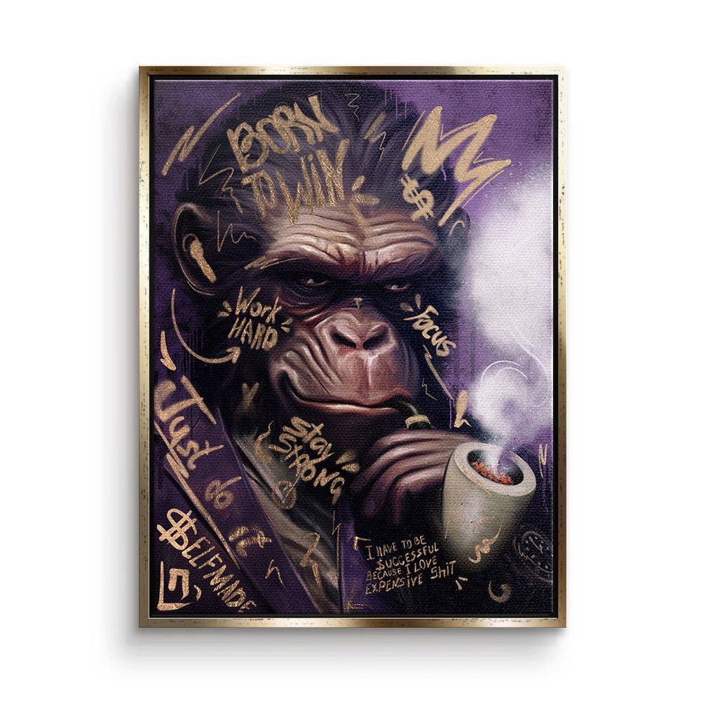Affe Club mit Gorilla Porträt Rahmen premium goldener Leinwandbild, DOTCOMCANVAS® Leinwandbild Gentlemen Rahmen