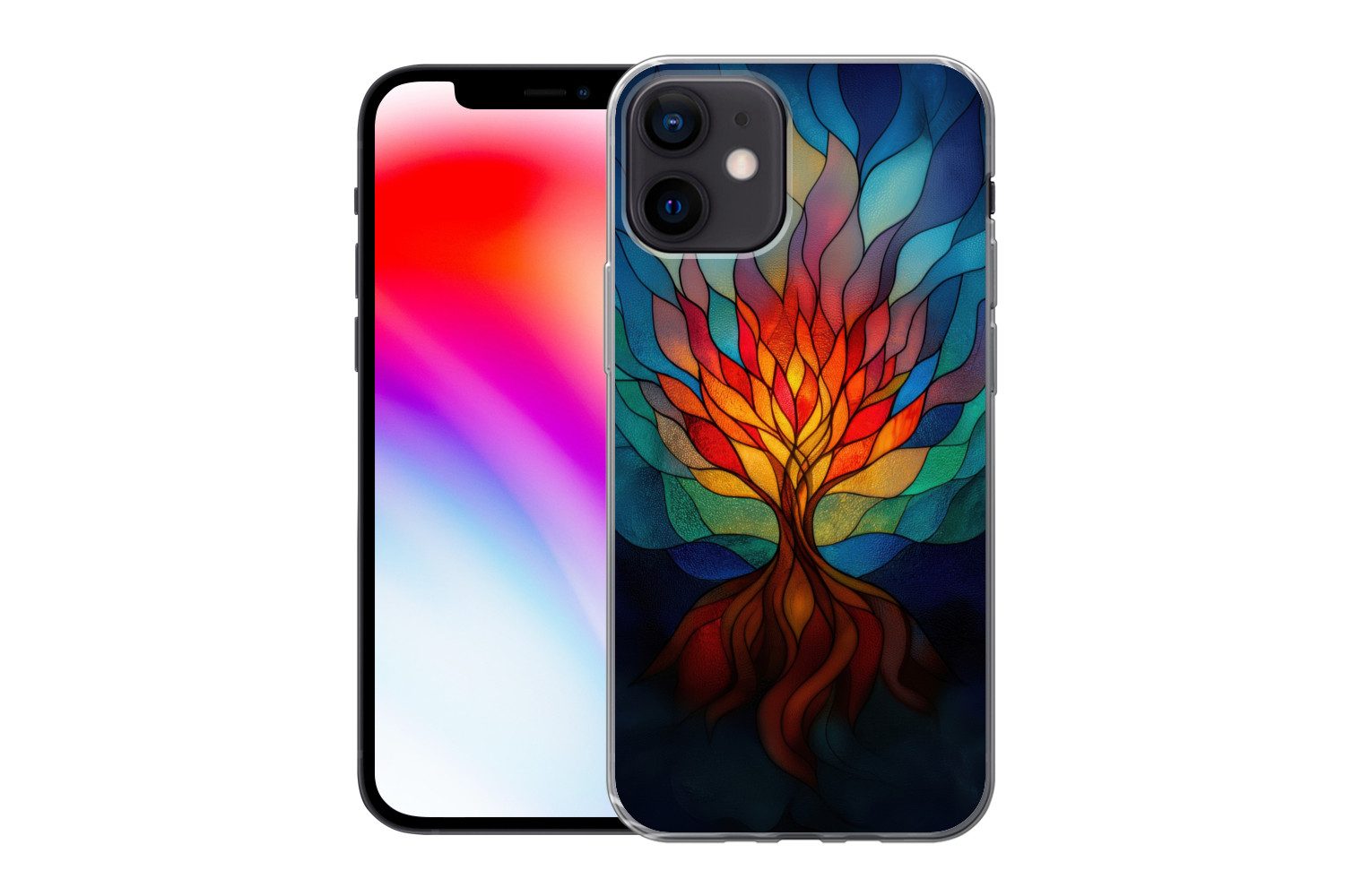 MuchoWow Handyhülle für Apple iPhone 12 Ornamentales Glas - Baum - Rot - Wohnungen, Smartphone-Bumper, Print, Handy Schutzhülle Dünn