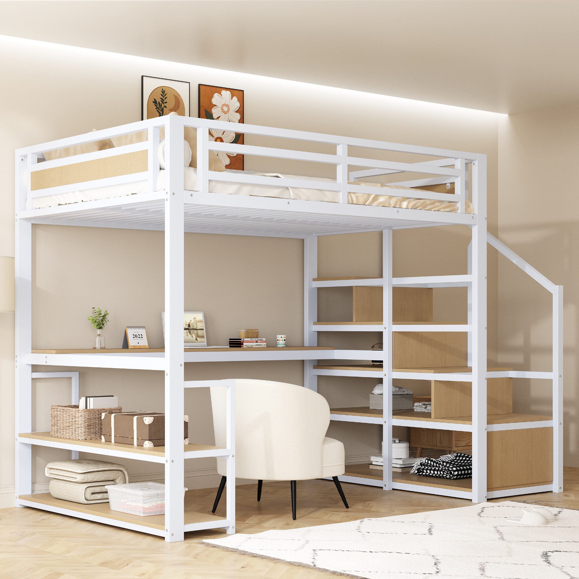 Odikalo Hochbett Jugendbett Aufbewahrungsleiter Regalen Tisch günstig online kaufen