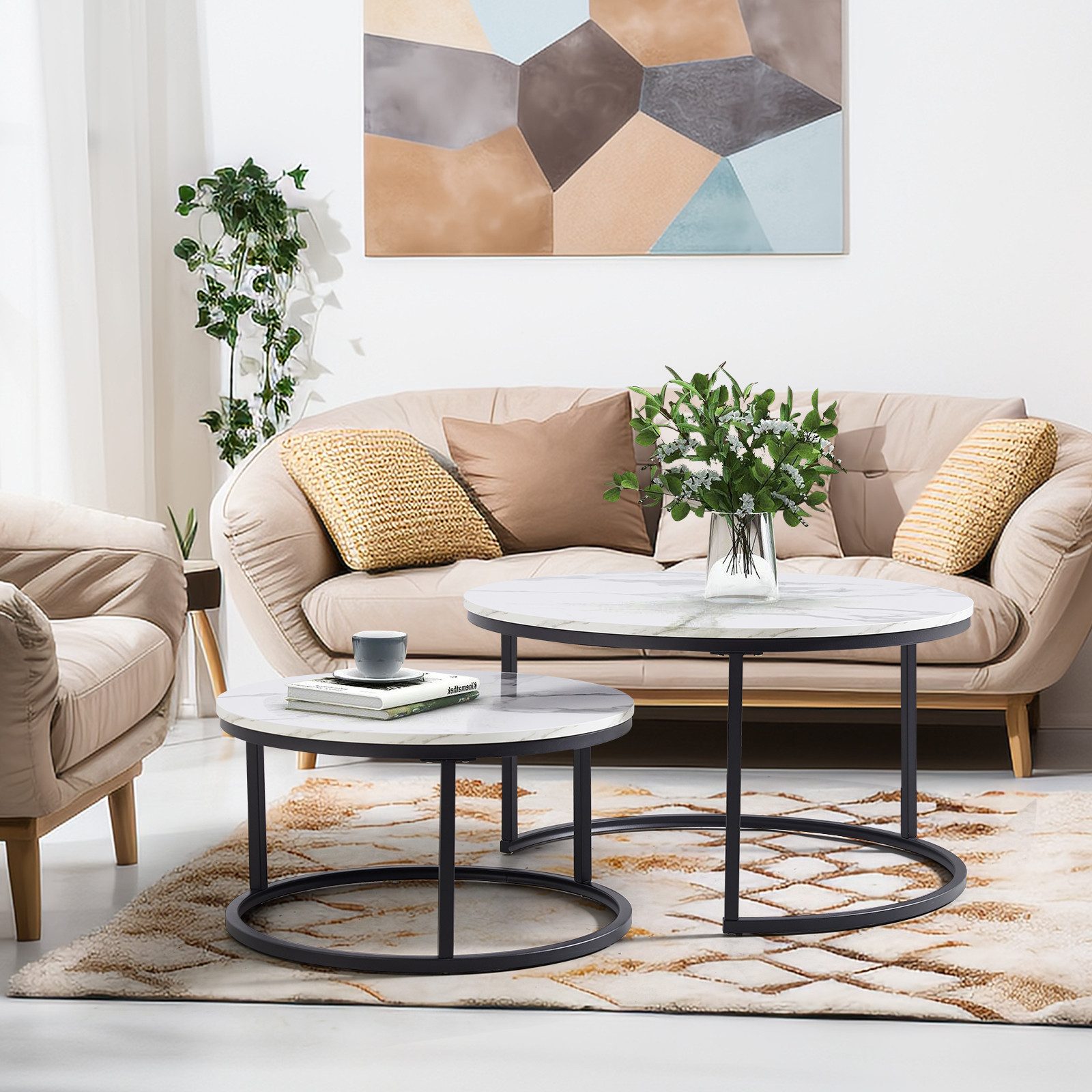 OKWISH Couchtisch 2-teiliges Couchtisch-Set (elegantem Design, 2-St., Stabiler Eisenrahmen & leicht zu reinigende MDF-Tischplatte), Ideal für Wohnzimmer & Büro, Platzsparendes stapelbares Design