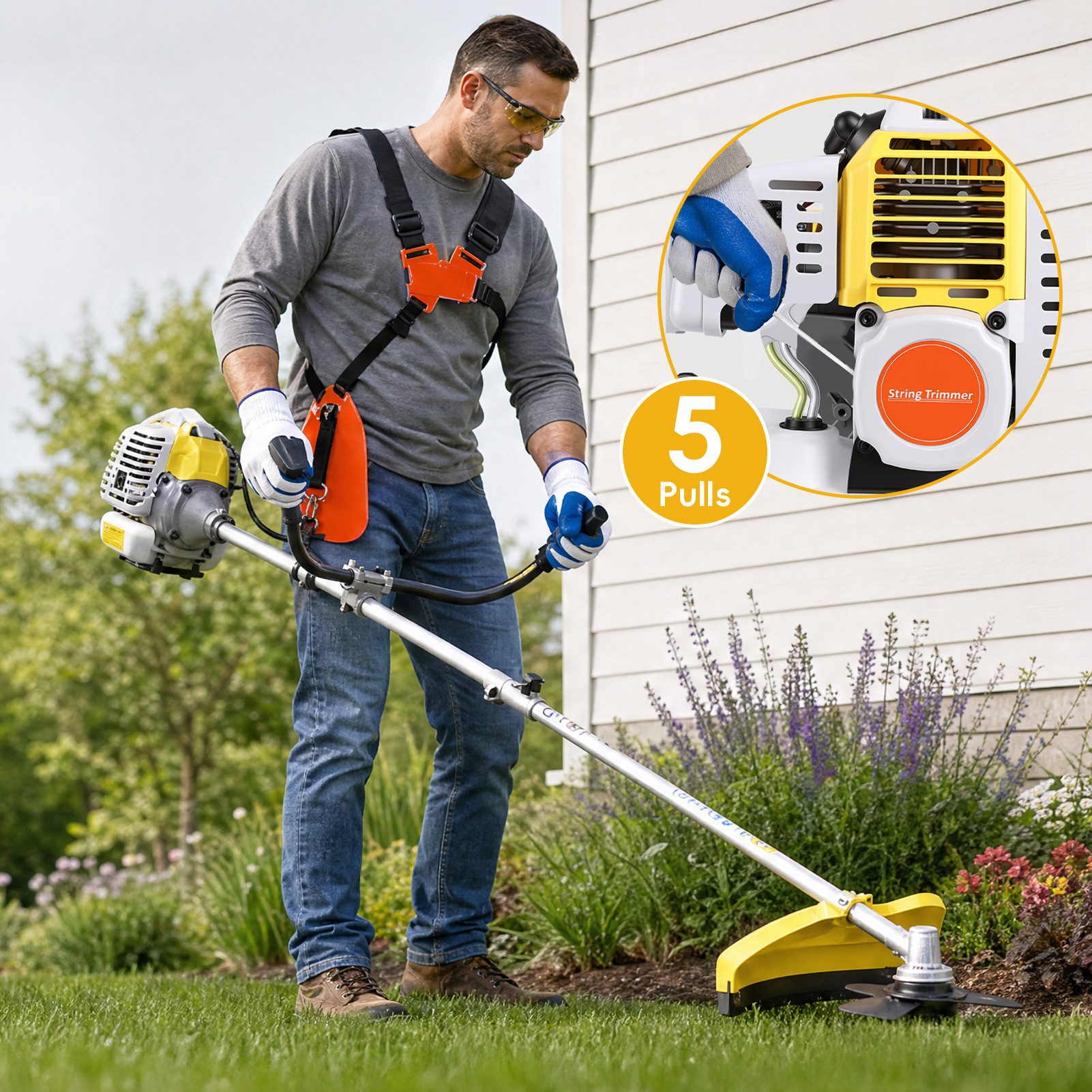 Rutaqian Benzin-Motorsense Benzin Freischneider 52cc 2Takt Motorsense 2 in 1 mit Messer Faden, 27cm cm Arbeitsbreite Messer, 1,2L Tank, Schultergurt & vibrationsarmes Design