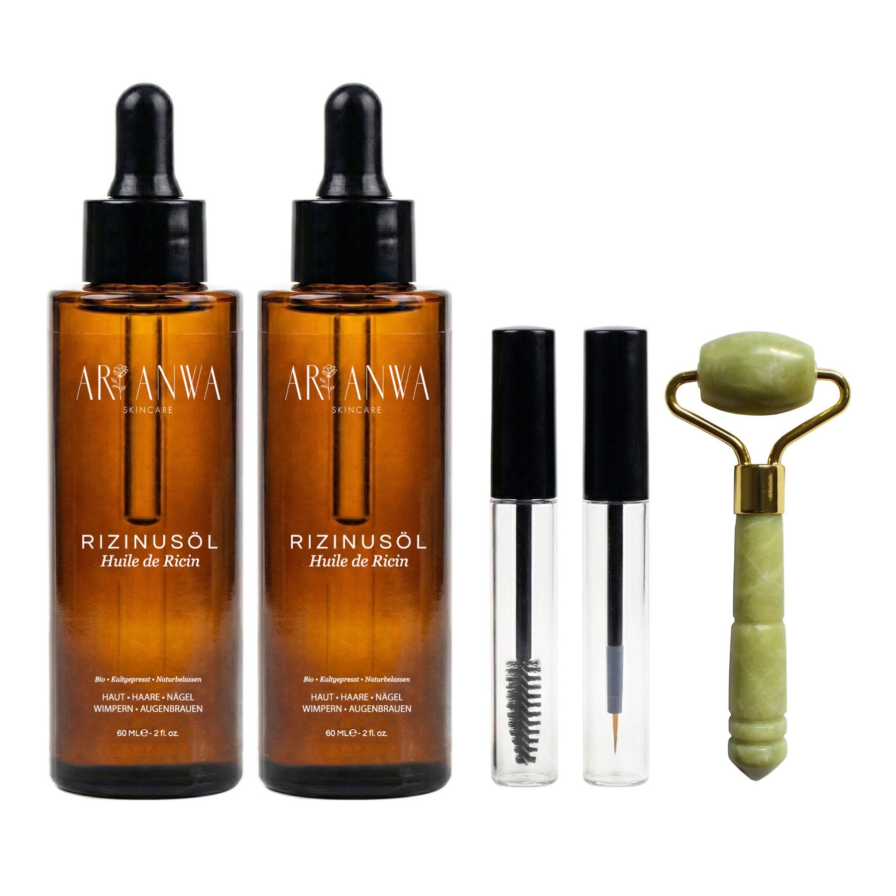 ARI ANWA Skincare Gesichtsöl 2x Rizinusöl Pflege-Set - Mini Jade Roller als Geschenk, Gratis Mini Jade Roller, Bio & Kaltgepresst, Inkl. 2 Präzisionsbürsten