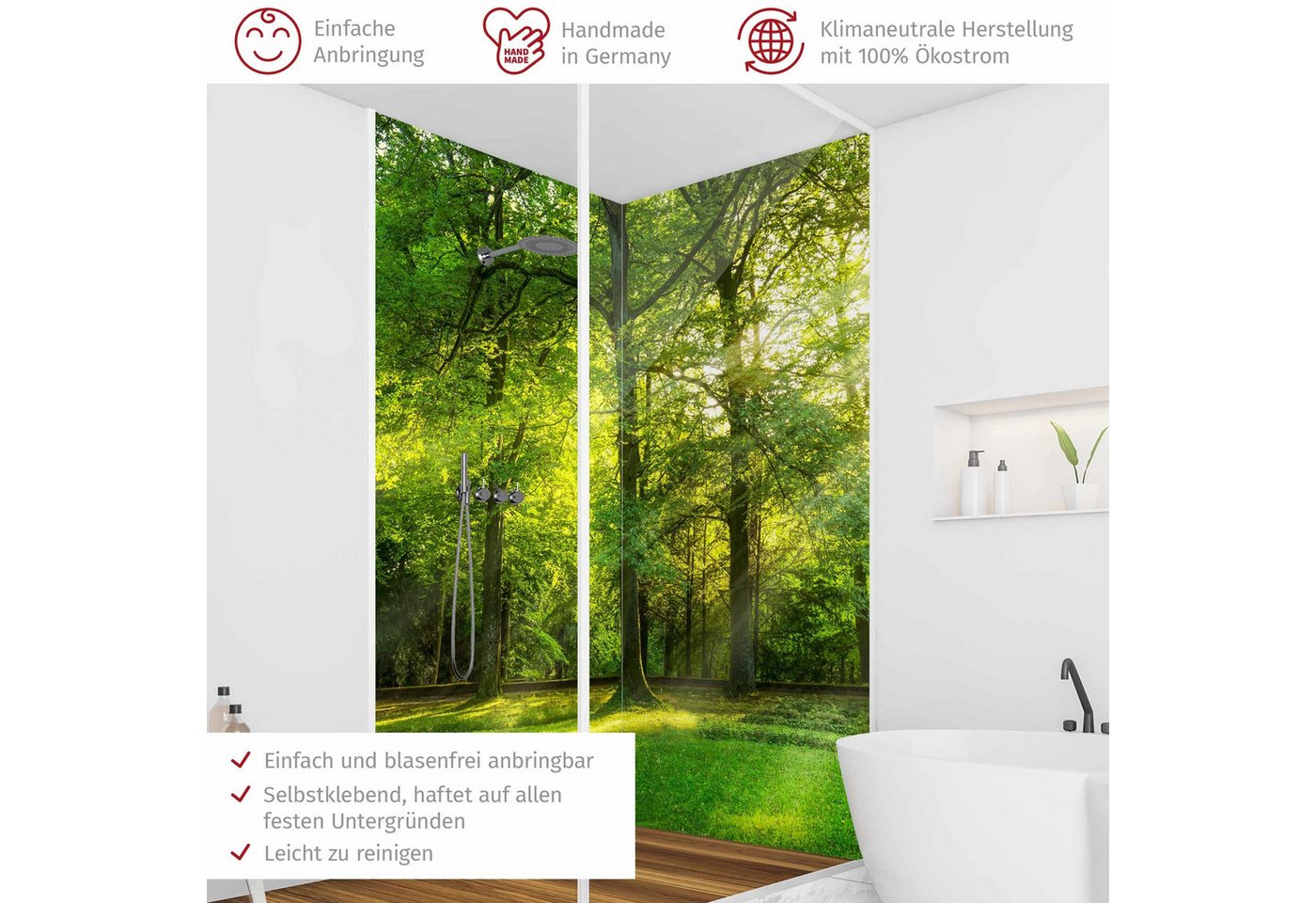 Thumbnail - Bilderdepot24 Badrückwand Fliesen Wald grün Duschrückwand ohne Bohren Dusche Natur, (2-tlg., Hart-Folie Smart matt 0,35 ...