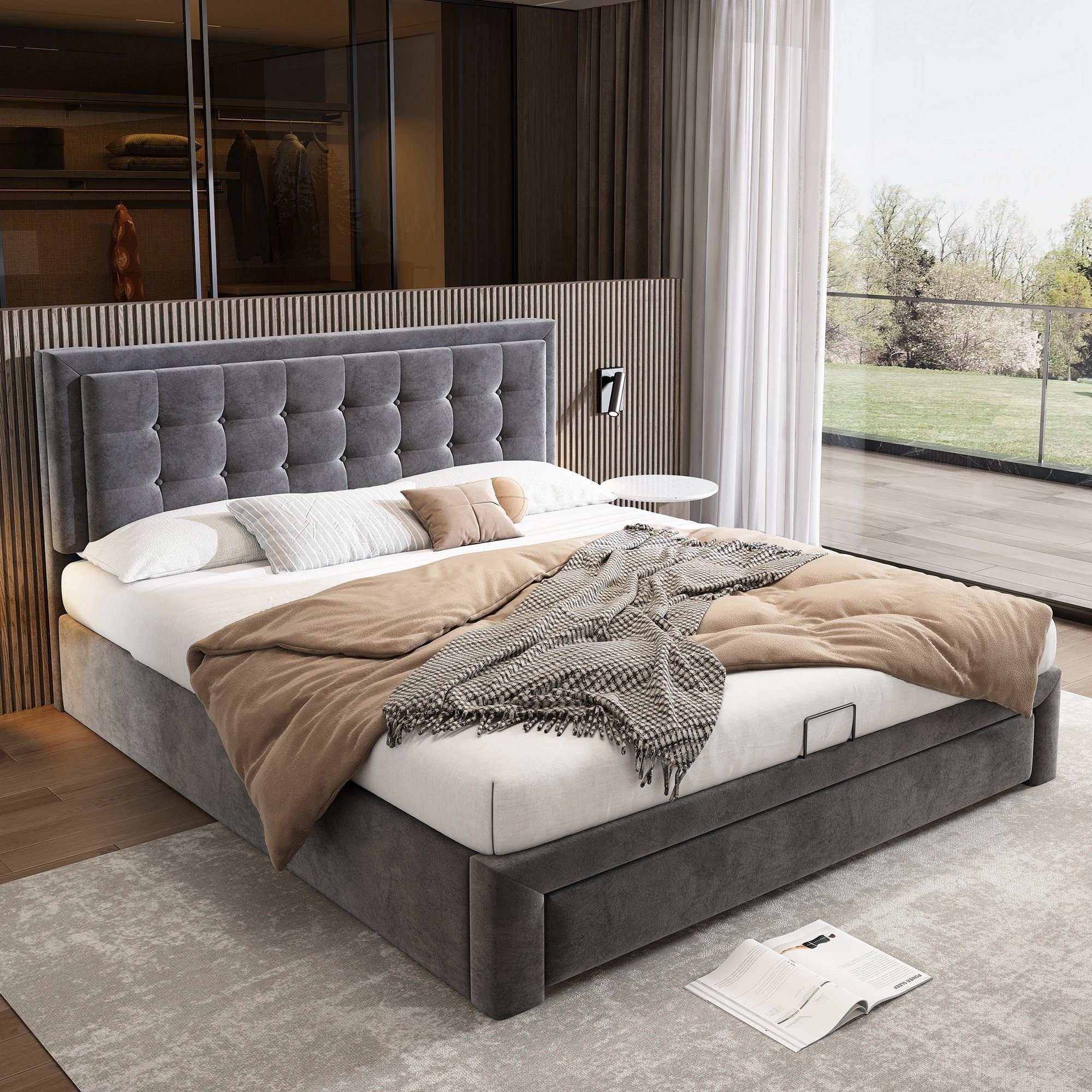 Celya Polsterbett Bett mit Kasten und Schubladen, 180×200cm Doppelbett,  Lattenrost, Höhenverstellbares Kopfteil, Leistungsstarke  Speichermöglichkeiten, 200×185×90-100 cm