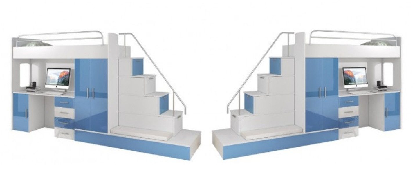 JVmoebel Hochbett Hochbett Etagenbett in Blau für Kinderzimmer - Turquoise Design Made in Europa