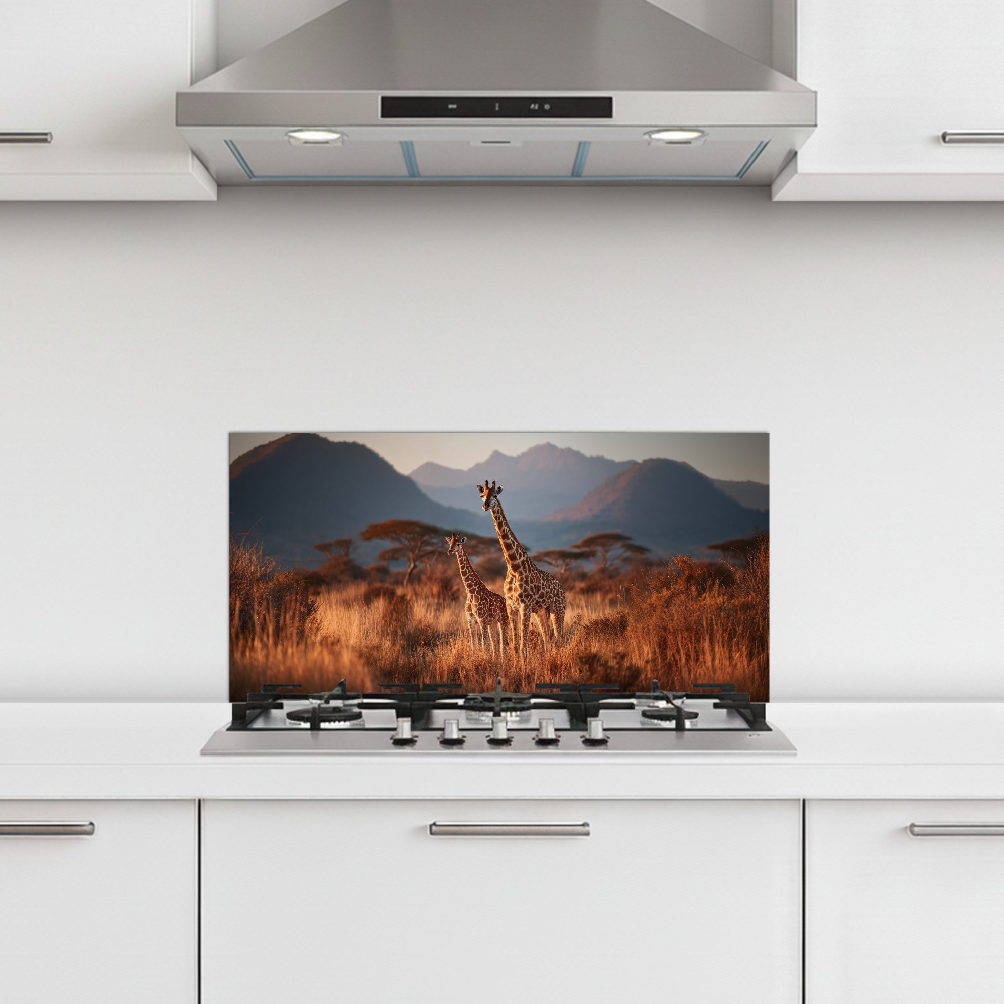 KitchenYeah Küchenrückwand selbstklebend (keine Folie) Giraffen - Hohes Gras - Akazienbäume, (1-tlg), Küchenrückwand, Spritzschutz, Kitchen, 60x30 cm