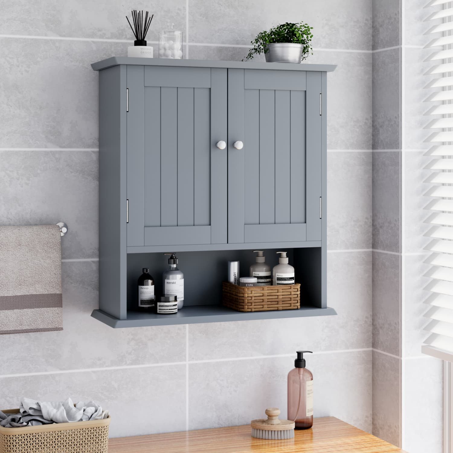 ANYSUN Hängeschrank Wandschrank mit Türen,Stauraum,Bad-Hängeschrank für Wäsche,Badezimmer Wäschekommode mit Wechselbare Trennwand,Drahtziehknopf,55x20x60cm – Bild 5 von 5