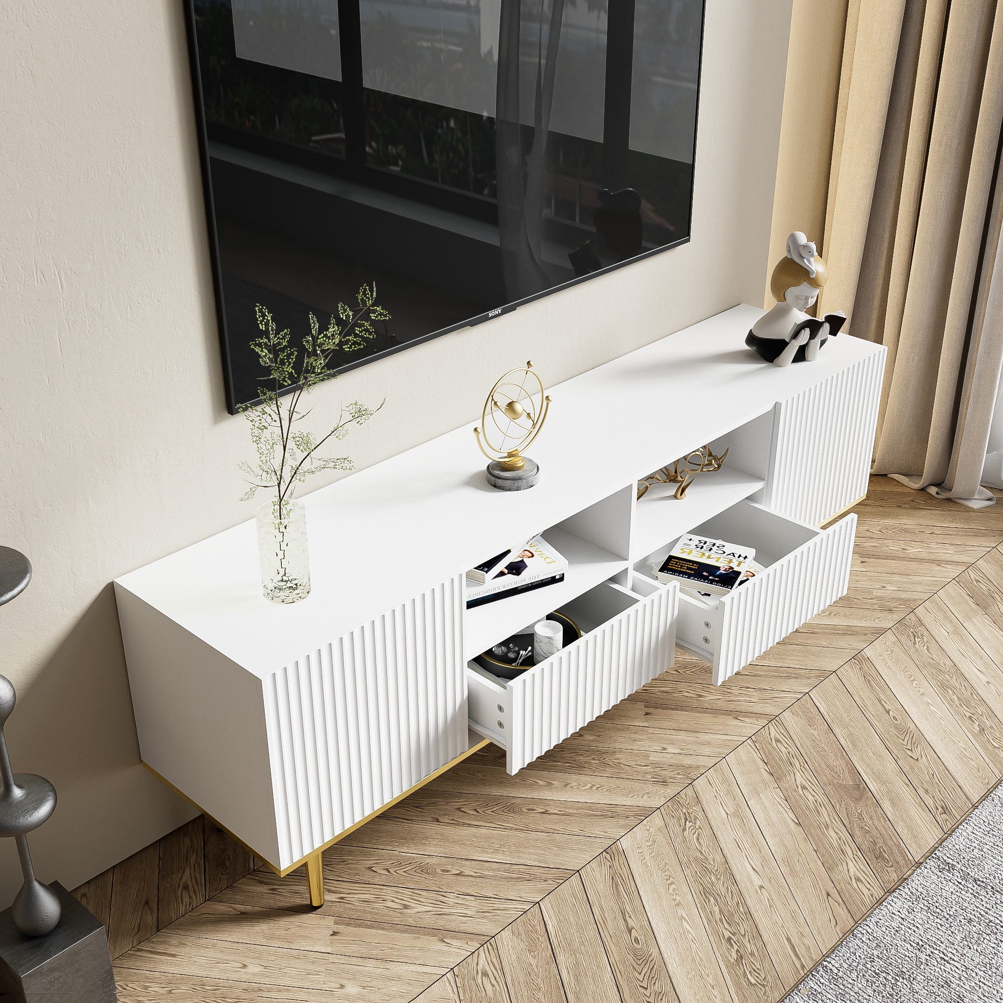 HAUSS SPOLE Lowboard mit goldenen Füßen, 2 Schubladen und 2 Türen, 2 offene Fächer Weiß (TV-Möbel, 2Einlegeböden, 2 Fächern, 2 Schubladen), mit goldenen Füßen und goldenem Rand