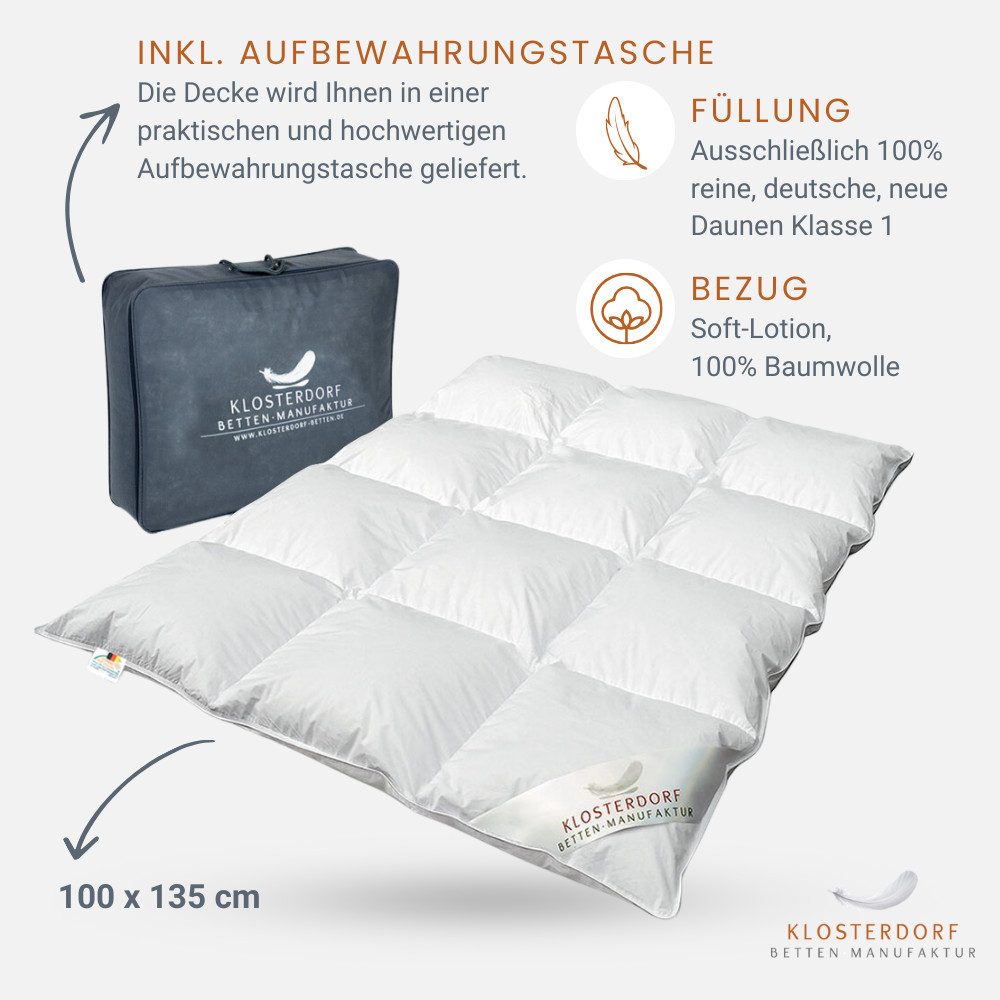Klosterdorf Betten-Manufaktur Kinderbettdecke Premium Kinder Ganzjahres Daunendecke 100x135 cm - wonneproppen -, Füllung: 100% neue reine weiße deutsche Gänsedaune Klasse I, Für erholsamen und gesunden Schlaf, liebevolle Handarbeit aus unserem deutschen Familienbetrieb