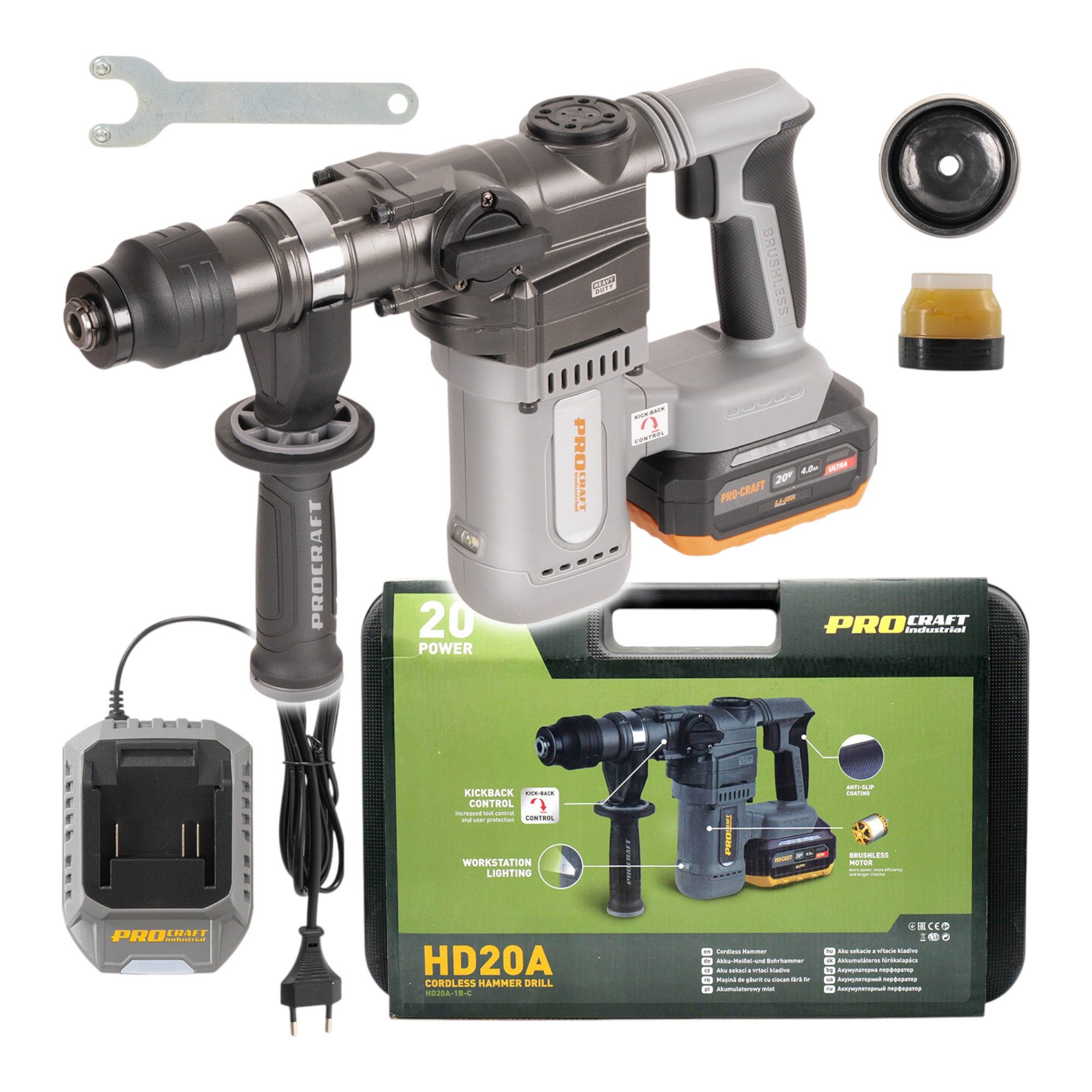 PROCRAFT industrial Akku-Bohrhammer HD20A Akku Bohrhammer 20 V 3,8 J Brushless + 1x Akku 4,0 Ah