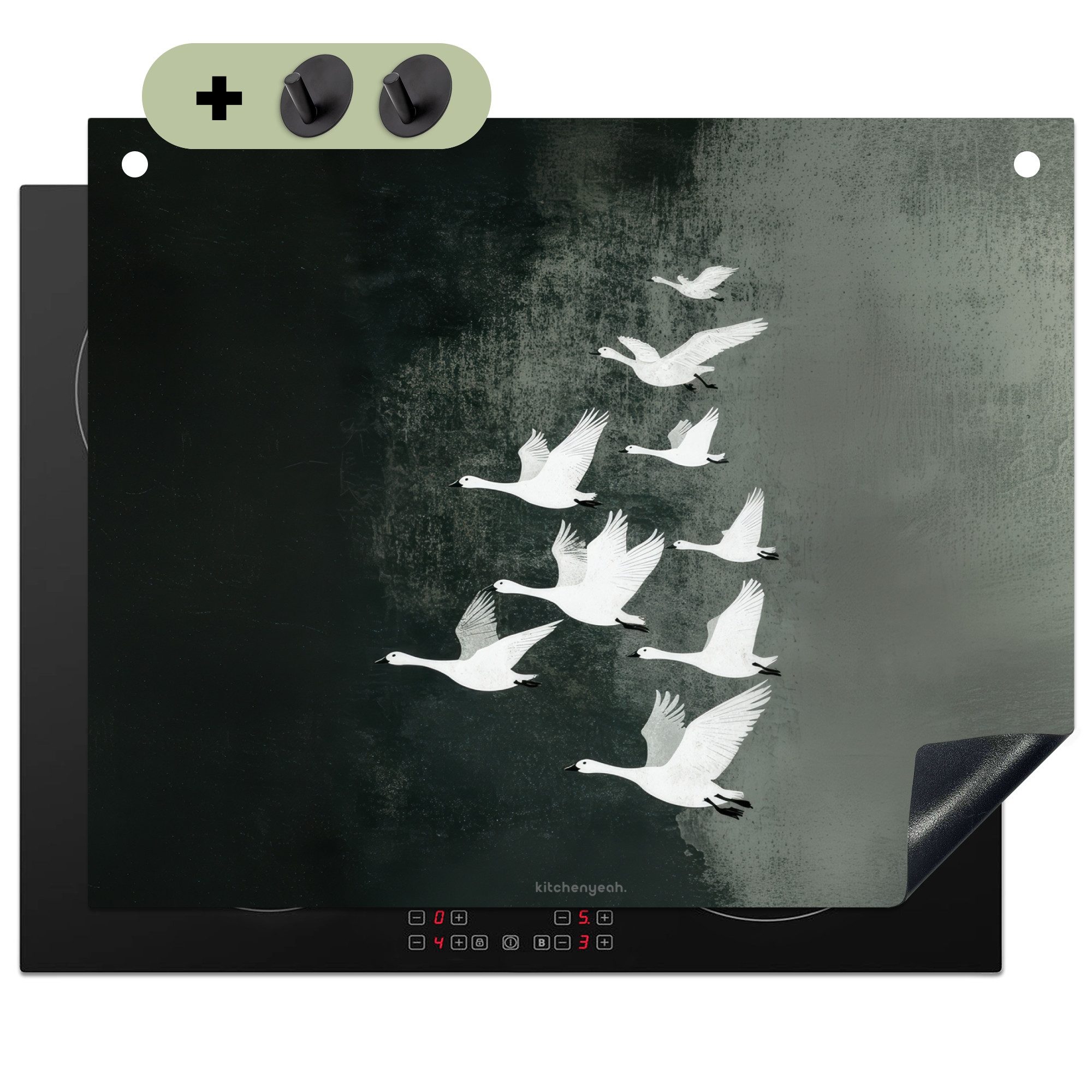 KitchenYeah Küchenrückwand Vögel - Japandi - Grün, (1-tlg), Herdabdeckplatten Ceranfeld, Induktionsschutz, Spritzschutz, 65x55 cm