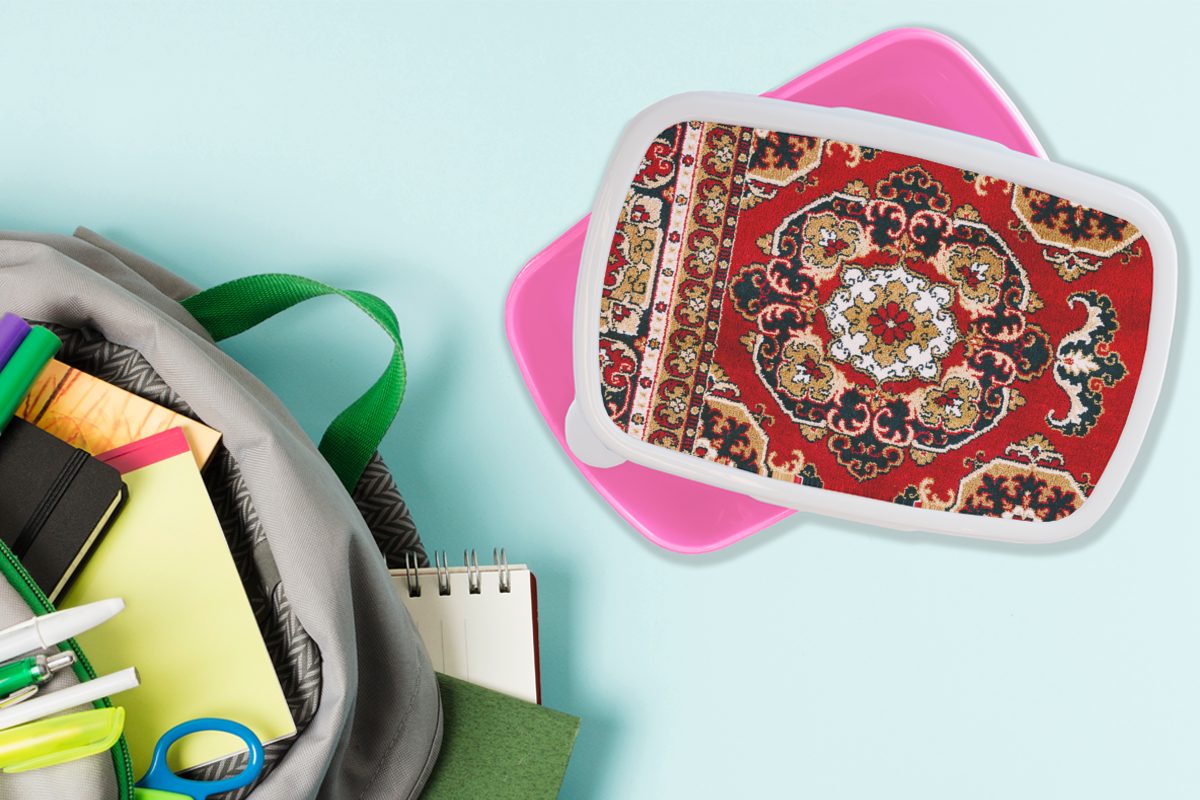 Brotdose Rot, Snackbox, Kinder, Teppiche - Teppich rosa für MuchoWow Kunststoff Persischer Kunststoff, - Erwachsene, Mädchen, Lunchbox Brotbox (2-tlg),