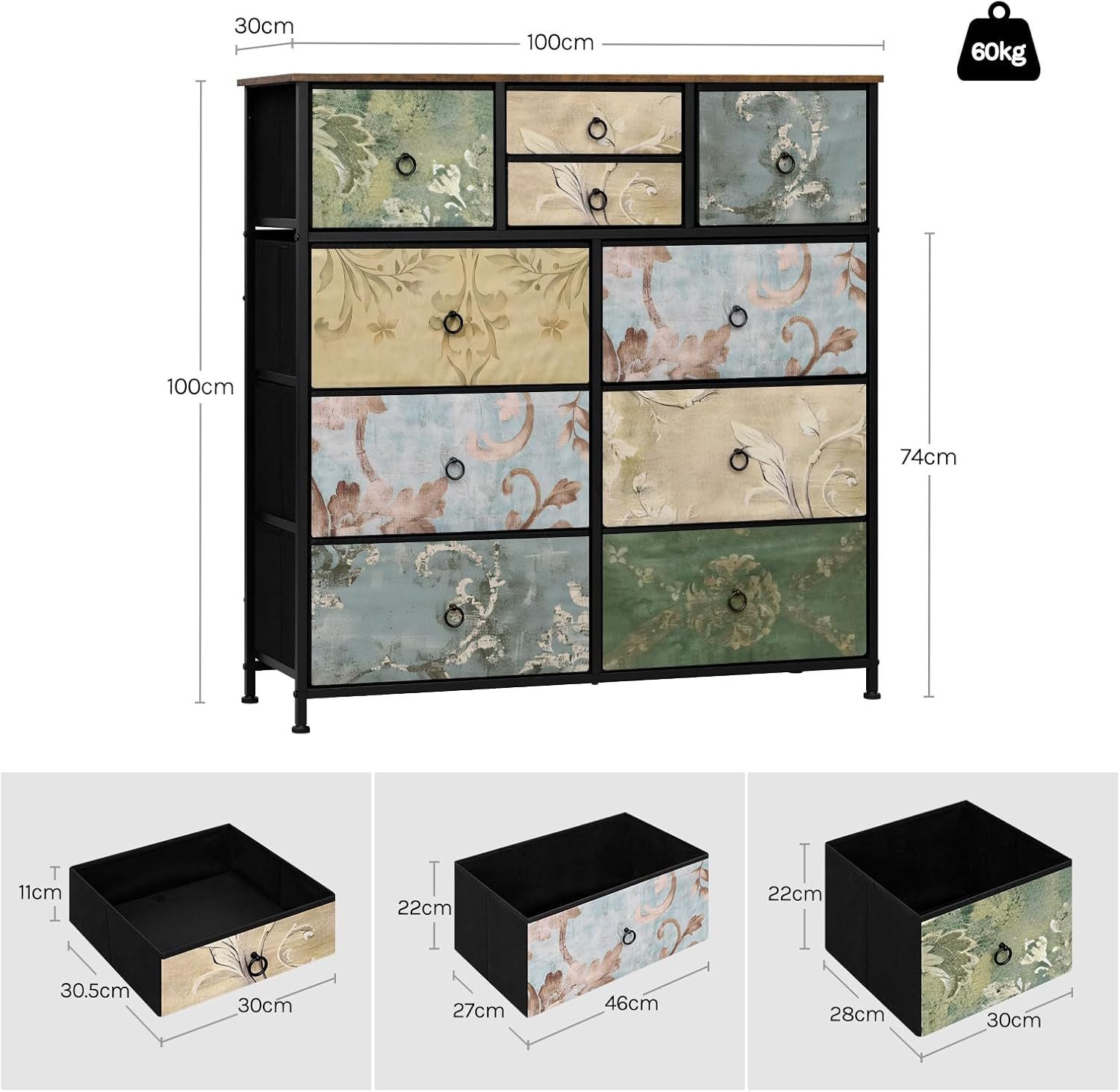 Woltu Kommode, mit 10 Schubladen aus Stoff, Metallrahmen, mit Vintage-Blumenmotiv