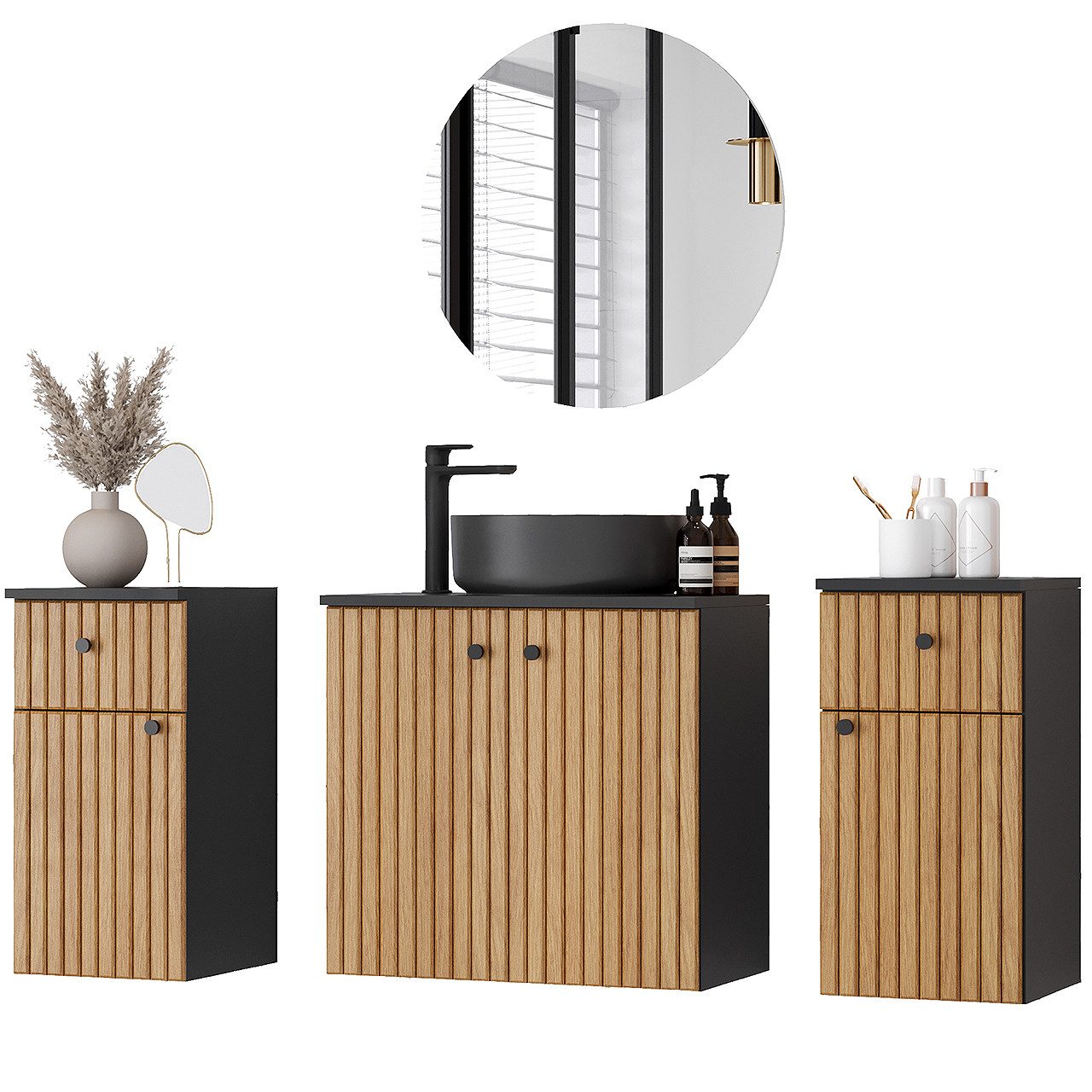 MOEBLINE Badezimmer-Set Badmöbel Set ASTRO MAX schwarz / eiche LAMELLEN
