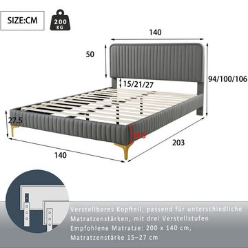 Ulife Polsterbett Doppelbett Jugendbett mit Metallbeinen, höhenverstellbares Kopfteil, PU-Leder, 140 x 200 cm