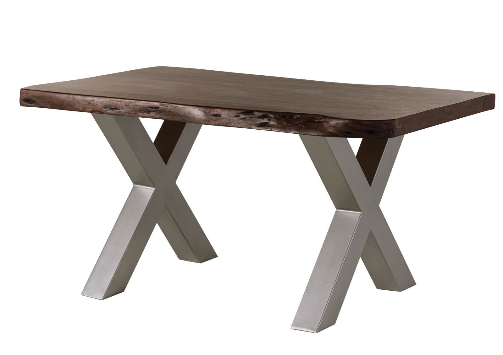 Massivmoebel24 Baumkantentisch FREEFORM (Massivholz, Massivholztisch), Baumtisch Akazie 140x90x77 braun / X-Beine silber FREEFORM 5