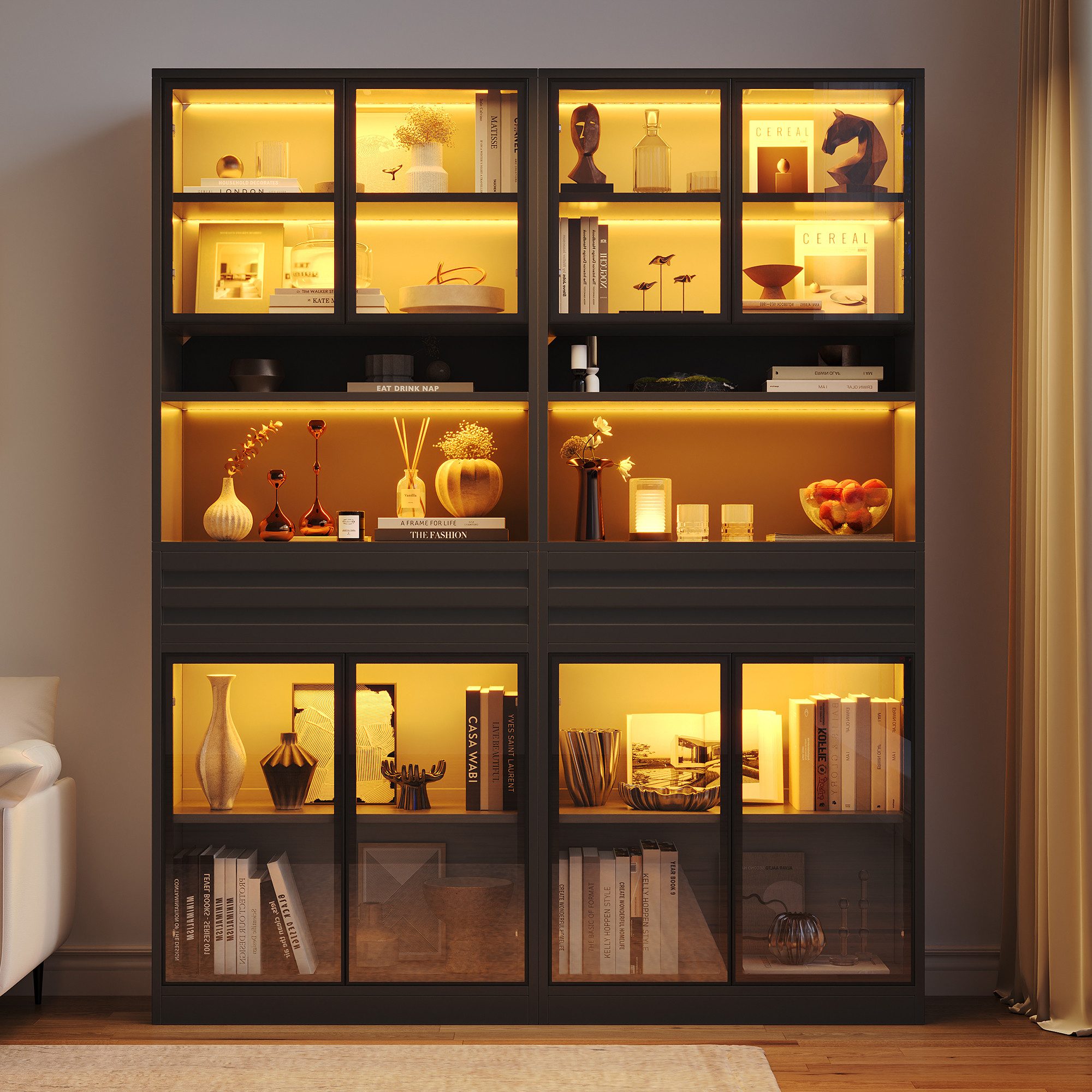 KLAM HOME Glasvitrine Vitrinenschrank 80×35×200cm mit App‑gesteuerter RGB‑LED (Hoher Display‑Schrank mit 4 Glastüren und 1 Schublade) Stabiler MDF‑Ausstellungsschrank für Wohnzimmer‑Sammlungen