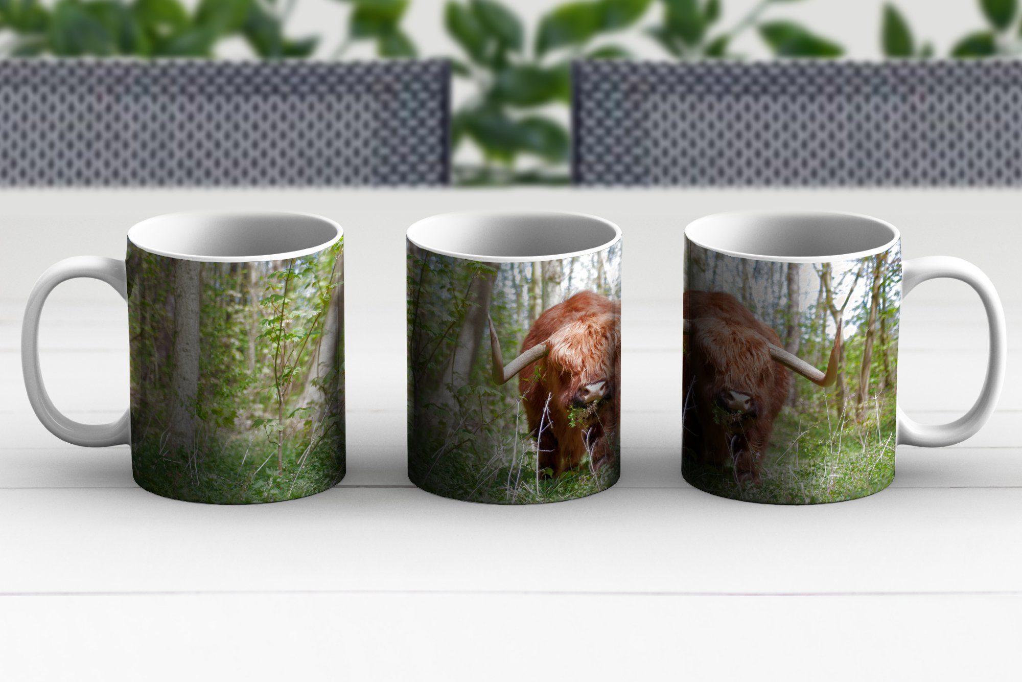 Teetasse, Kaffeetassen, - MuchoWow Schottischer Becher, Teetasse, Keramik, Kuh, Geschenk Wald - Tasse Schottische Highlander