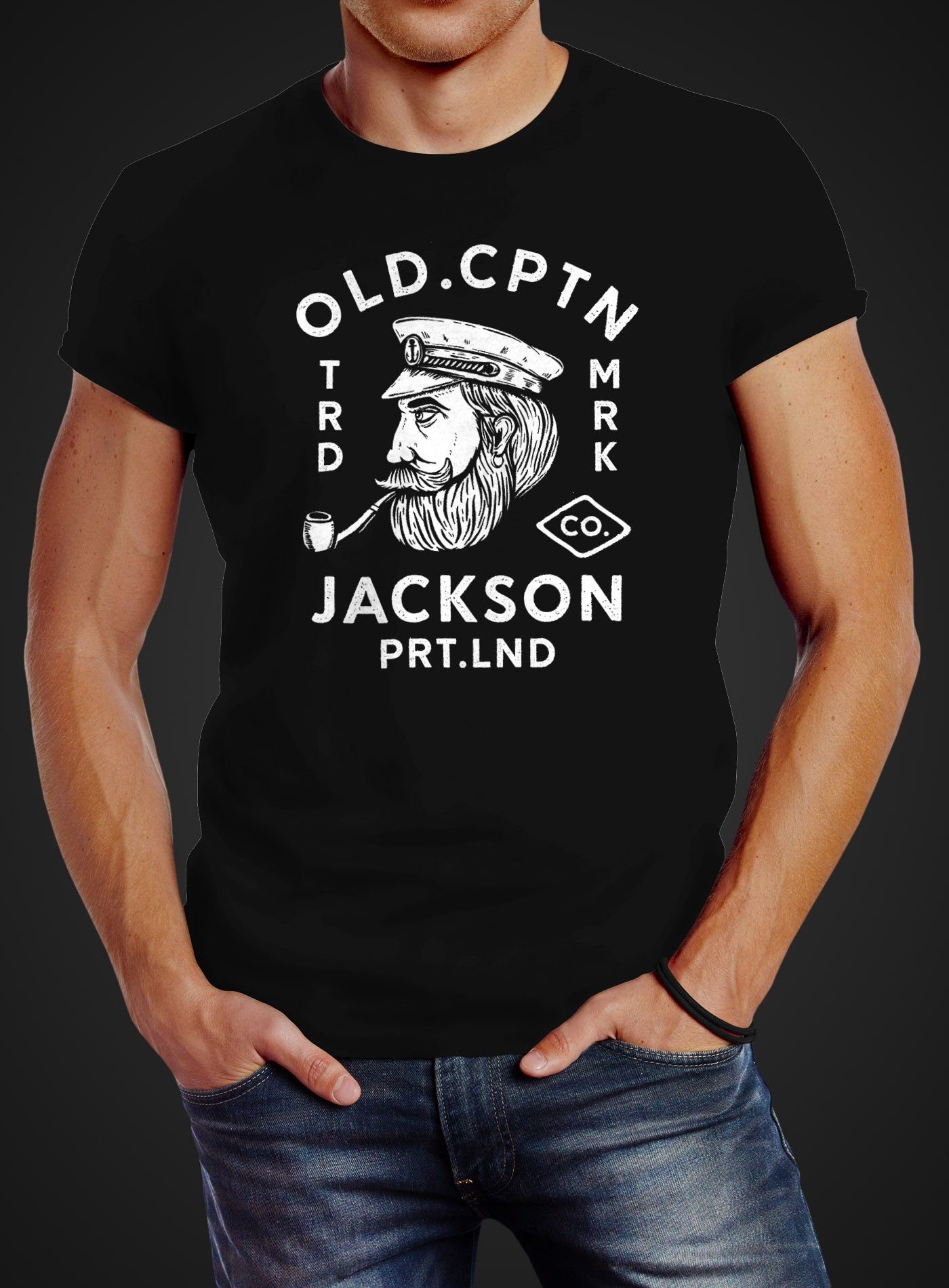 Print mit Jackson Aufdruck Motiv Neverless® Print-Shirt T-Shirt Kapitän Neverless Retro Print-Shirt Herren schwarz Old Cptn
