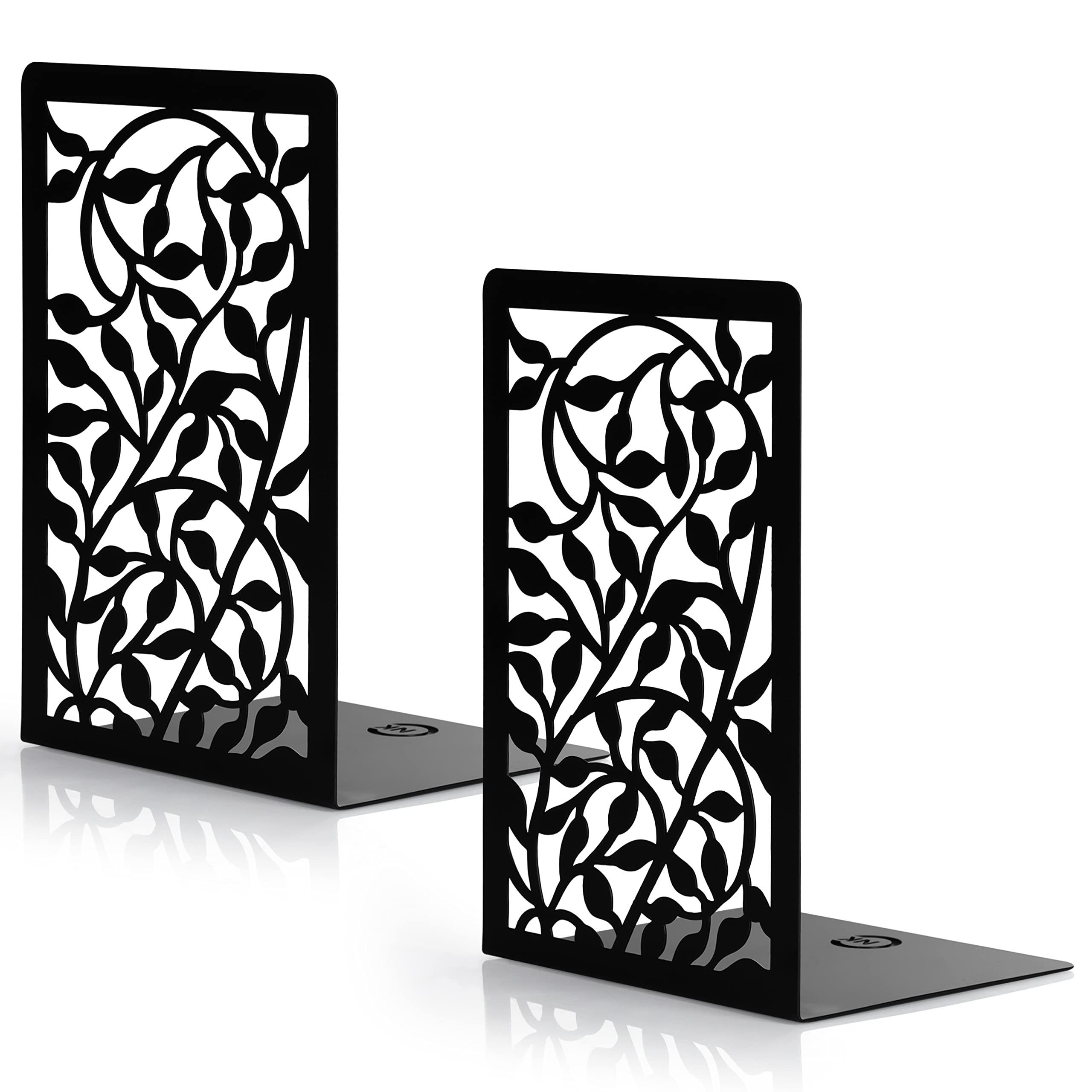 Belle Vous Zeitungsständer Schwarze Metall-Buchstützen mit Blumenmuster, Black Metal Bookends with Flower Pattern