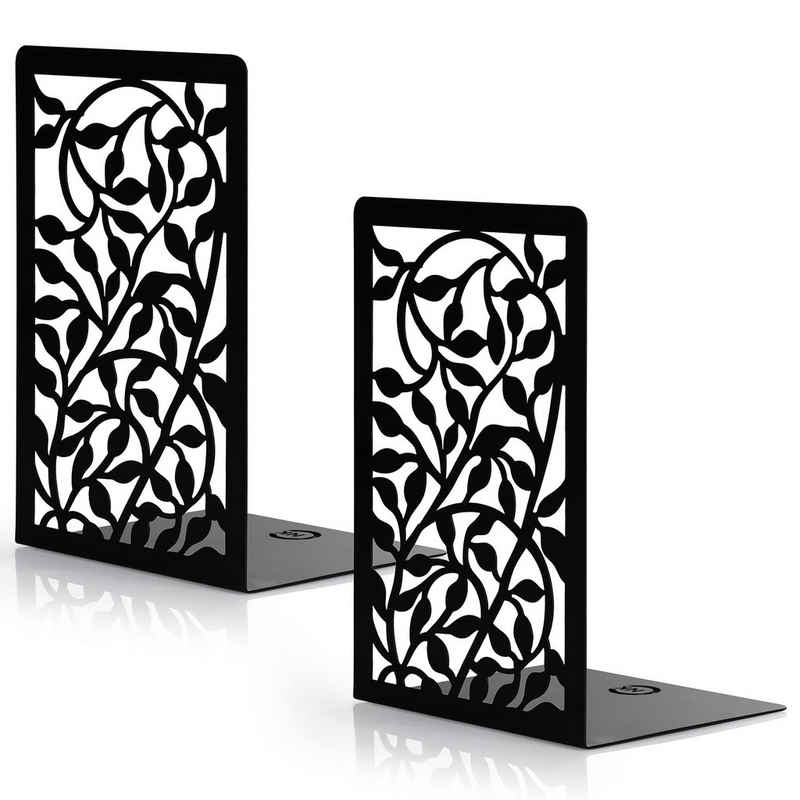 Belle Vous Zeitungsständer Schwarze Metall-Buchstützen mit Blumenmuster, Black Metal Bookends with Flower Pattern