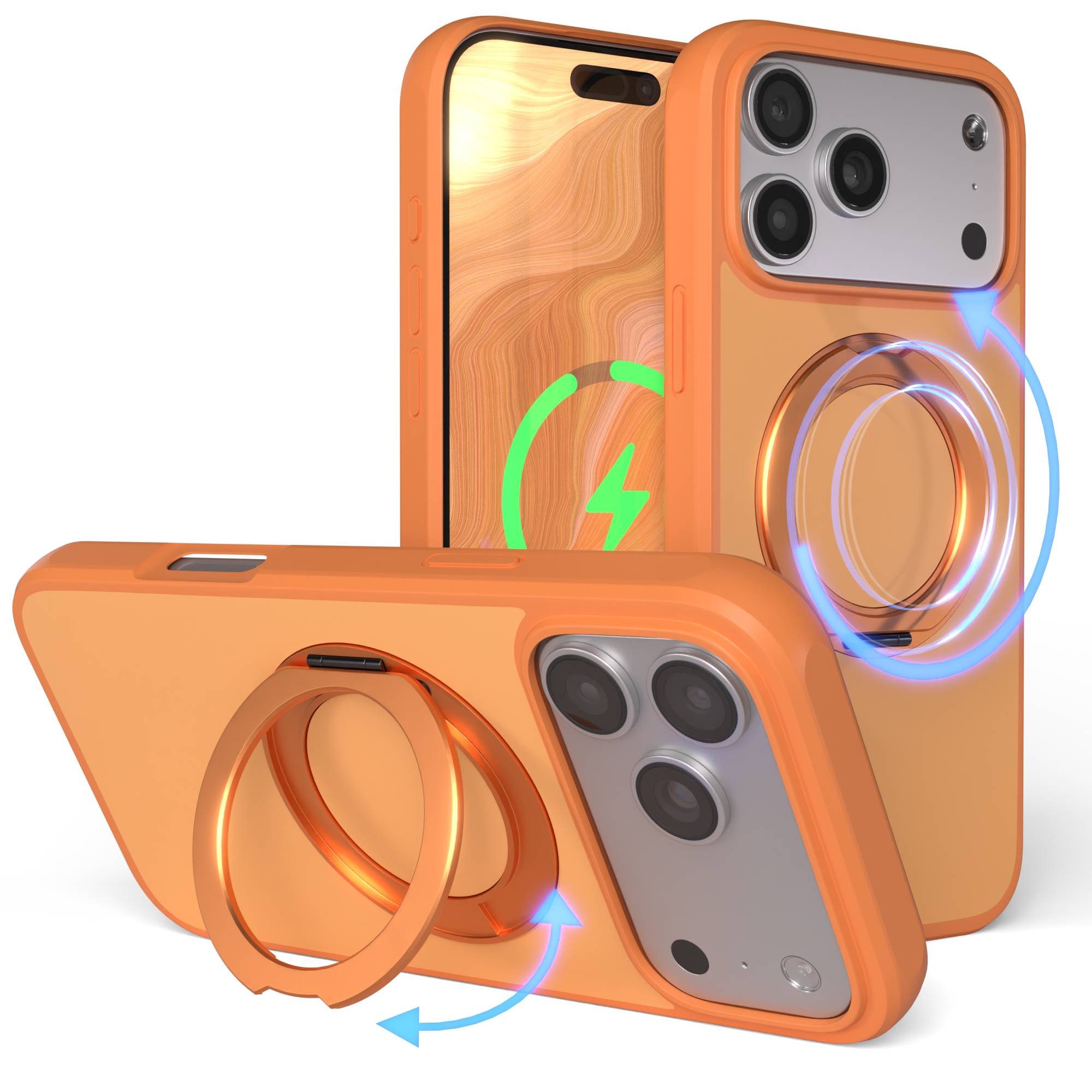 EAZY CASE Handyhülle Outdoor Apple iPhone 17 Pro Max Case MagSafe Rotation Ring 6,9 Zoll, Slimcover Handyhülle Outdoor zum Aufstellen mit Ring modern in Orange