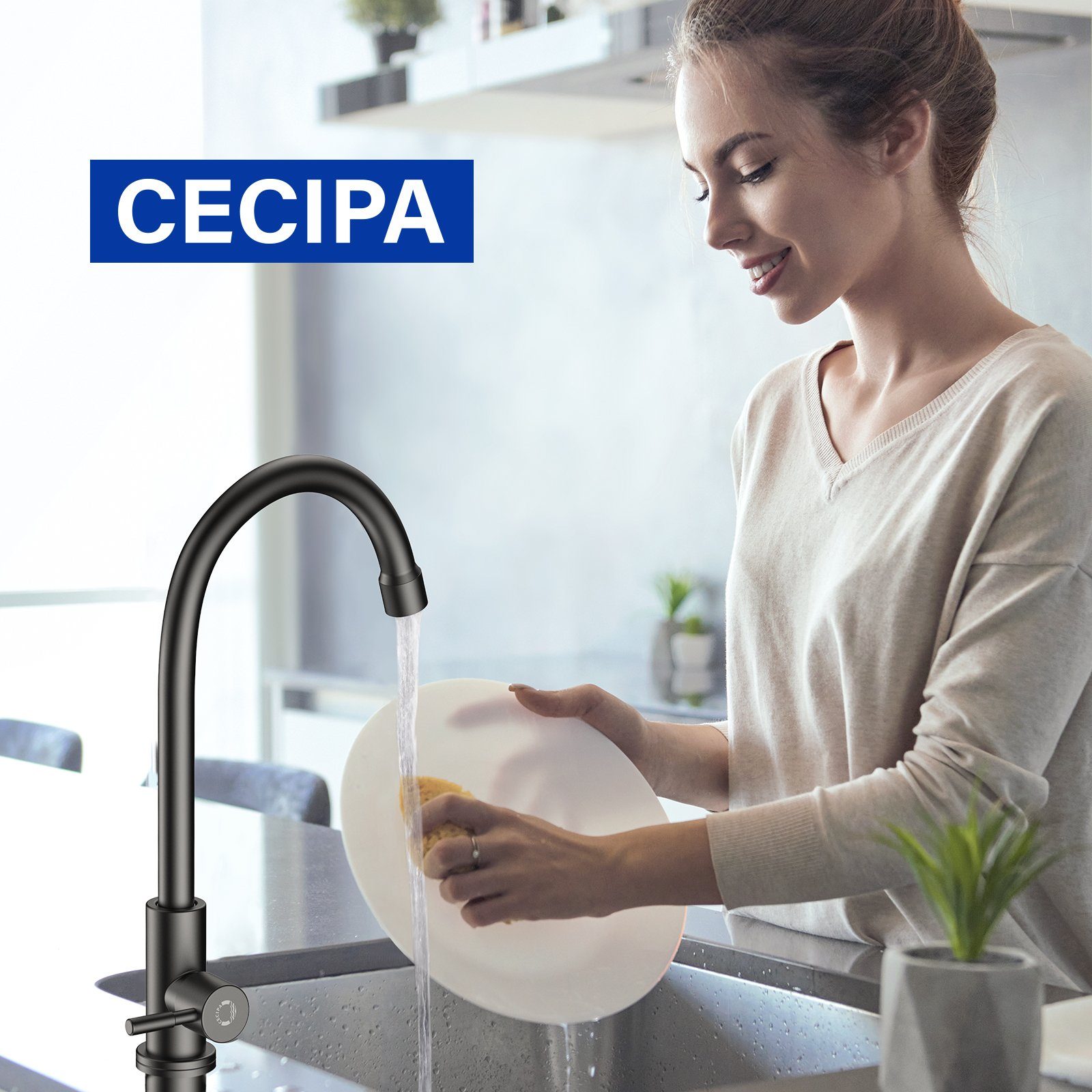 CECIPA Küchenarmatur Kaltwasserhahn für 360° Küchenspüle–Kaltwasserhahn drehbar–Schwarz –
