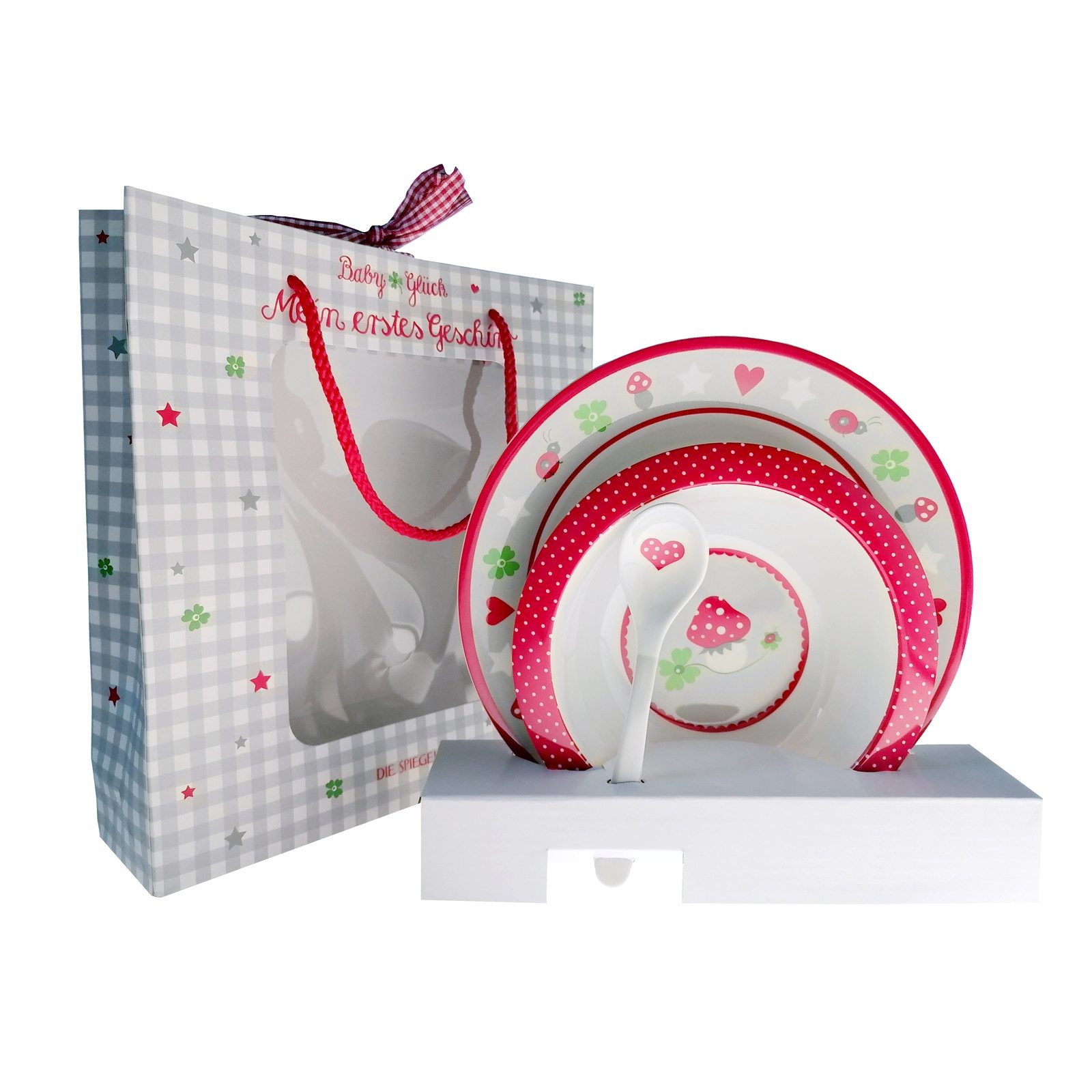 COPPENRATH DIE SPIEGELBURG Kinderbesteck Mein erstes Geschirr Baby Glück (3-tlg), Kunststoff, 1 Teller, 1 Schale, 1 Löffel in einer schönen Geschenkverpackung